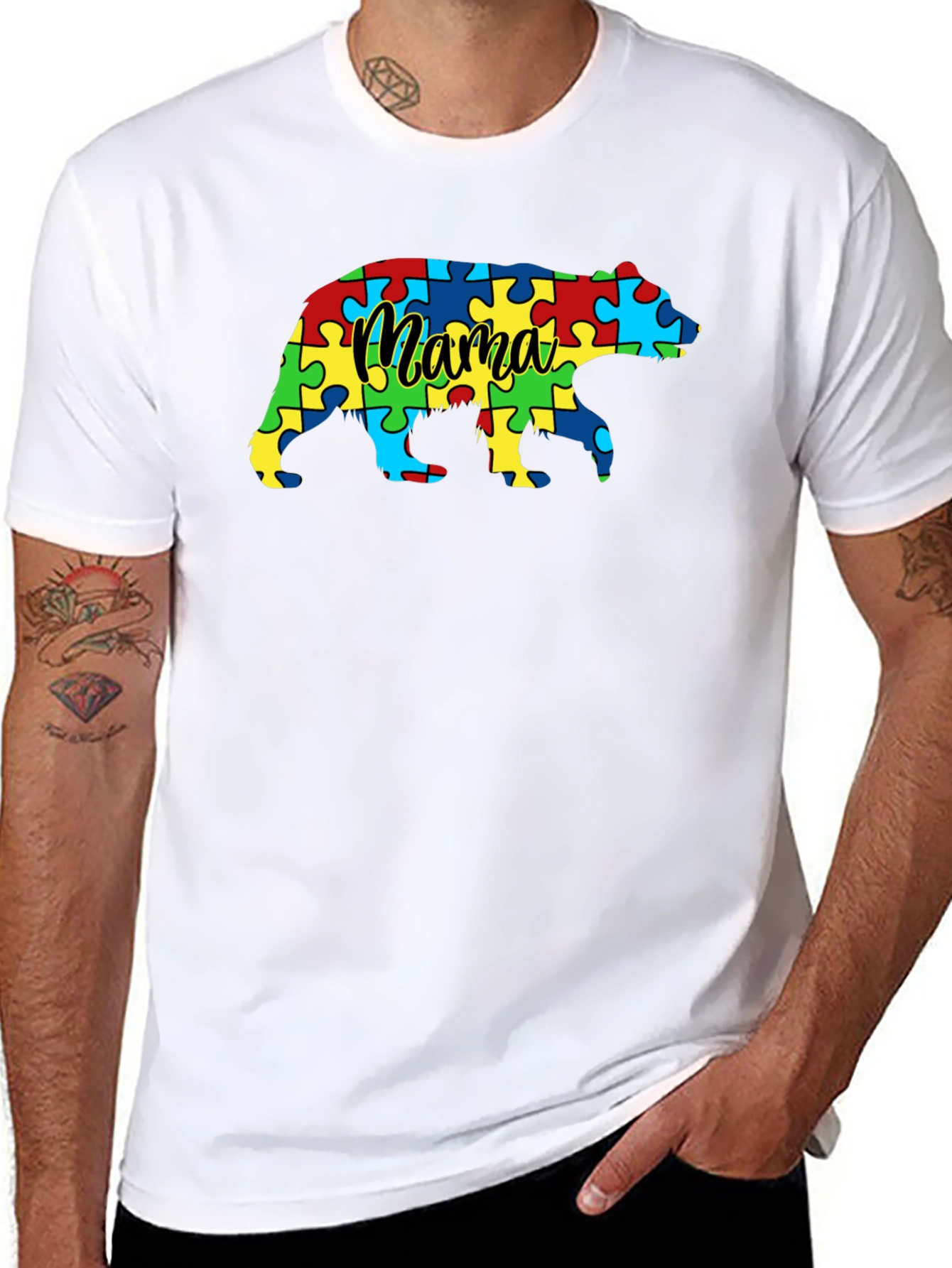 Black Mama Bear Autism Awareness Puzzle T-Shirt view 8
