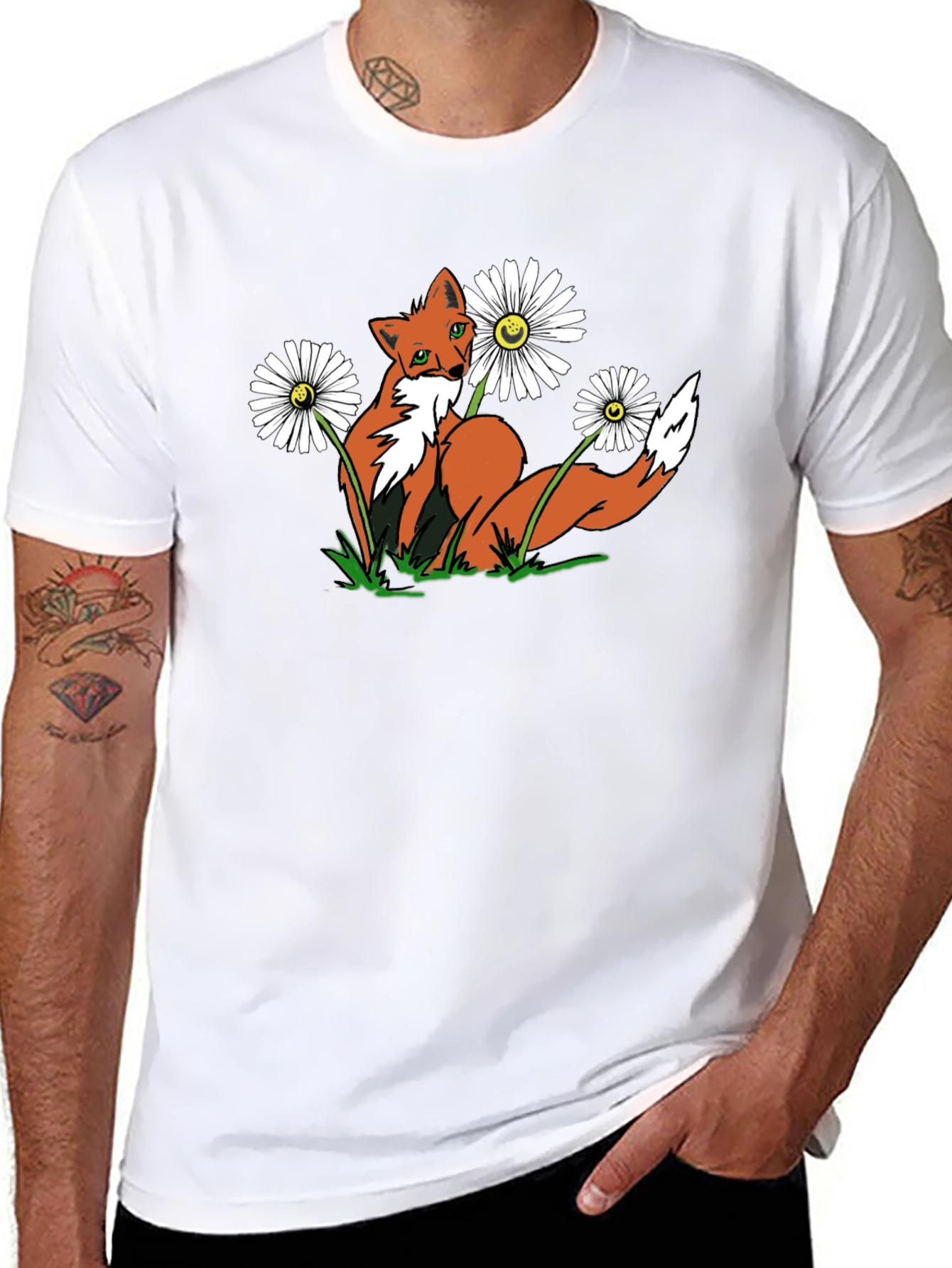 Black Fox and Flowers Graphic Tee -  Black T-Shirt view 8