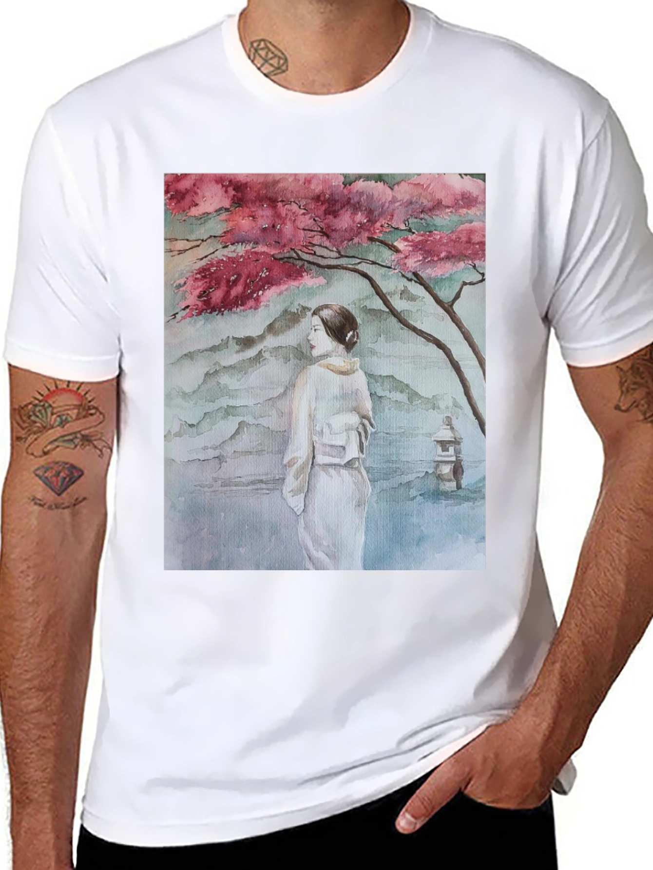 Black Watercolor Japanese Art Black T-Shirt view 8