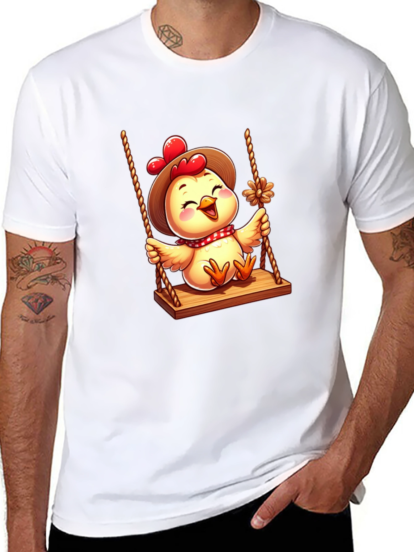 Black Cute Chicken on Swing Graphic Tee view 8