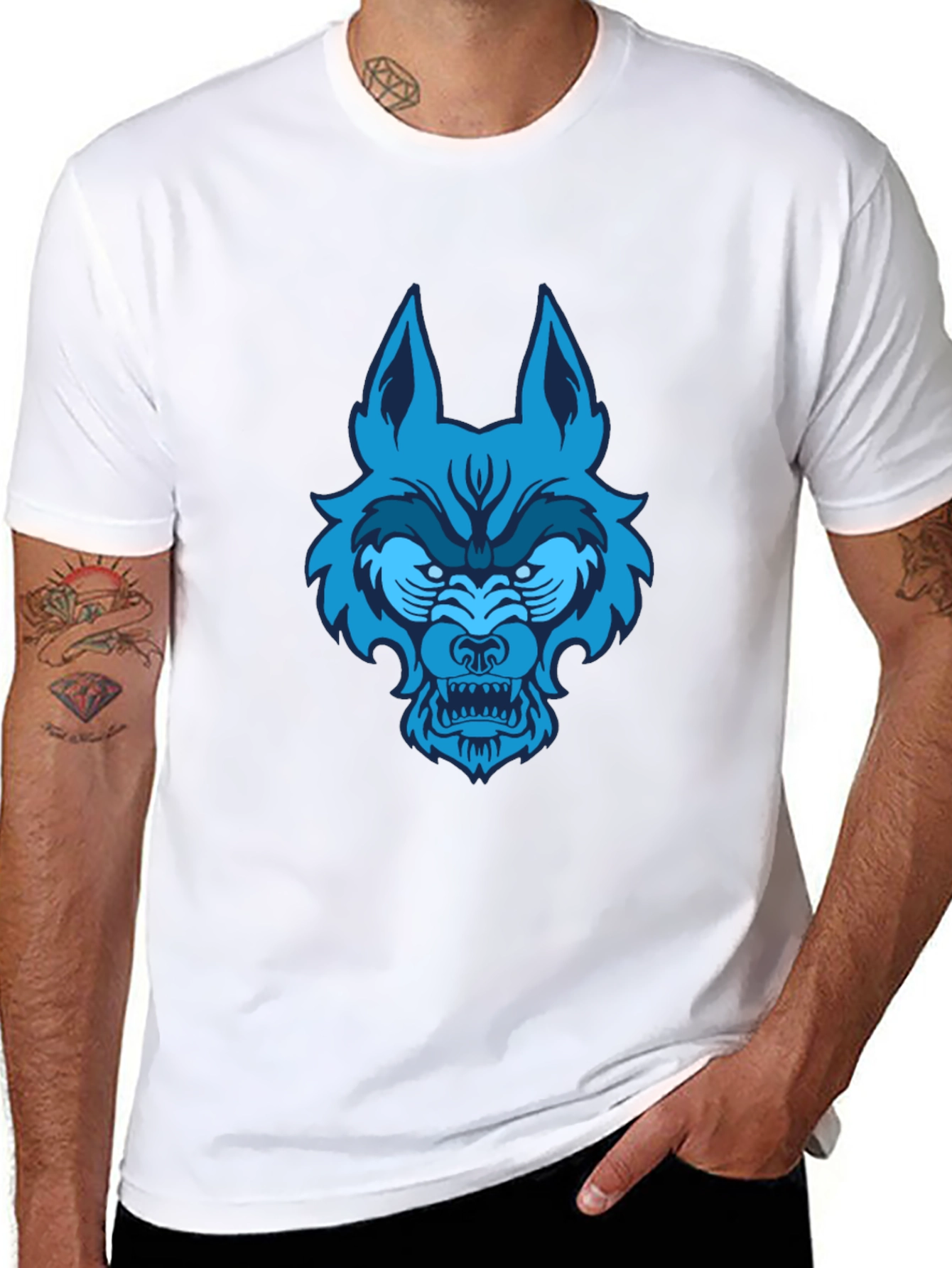 Black Blue Wolf Graphic Tee - Black Cotton T-Shirt view 8