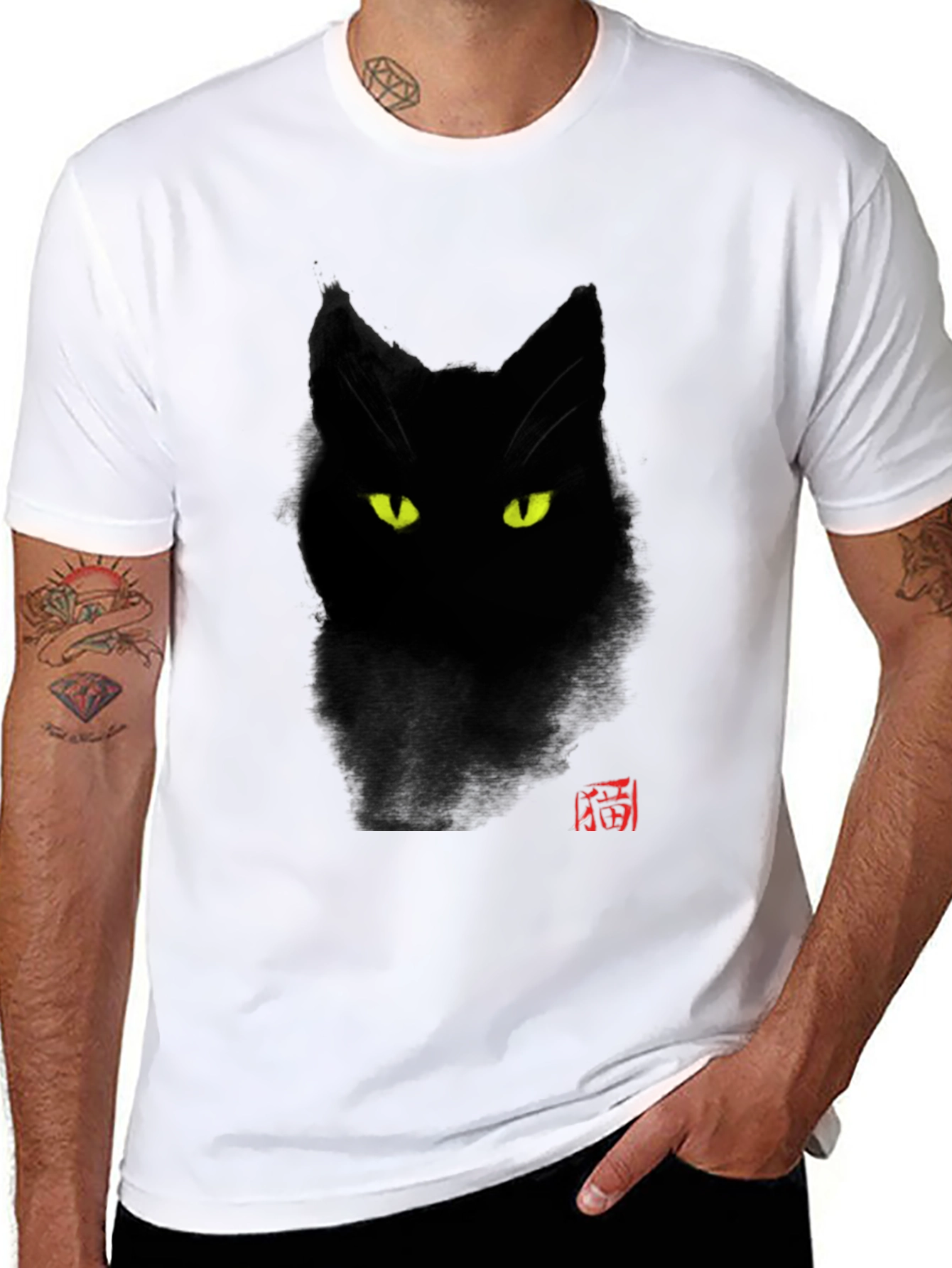 Black Black Cat T-Shirt - Glowing Eyes, Stylish Tee view 8