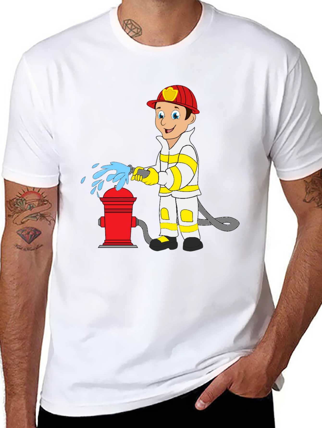 Black Cartoon Fireman T-Shirt - Fire Hydrant Fun! view 8