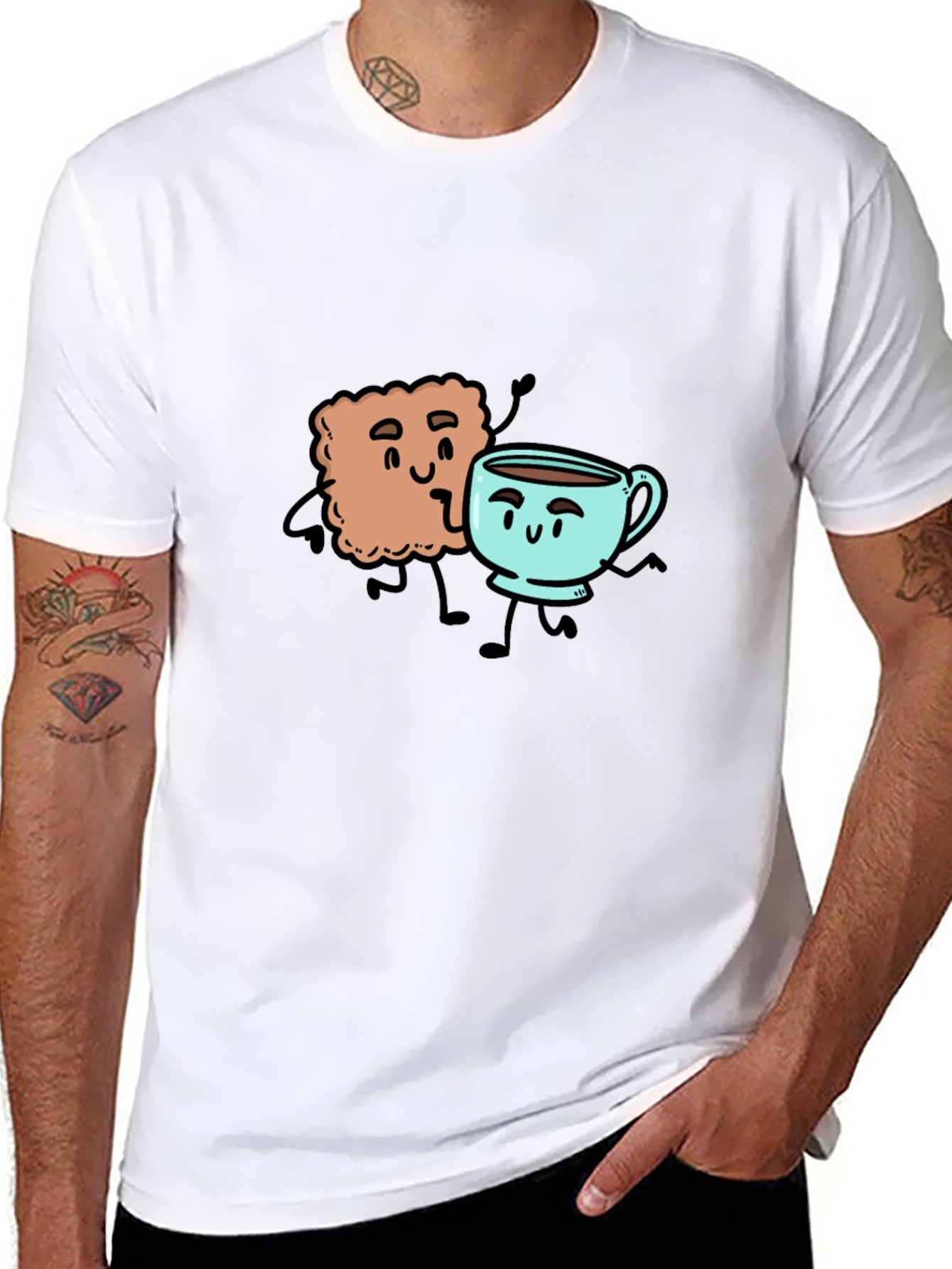 Black Coffee & Biscuit Cartoon Graphic Black T-Shirt view 8