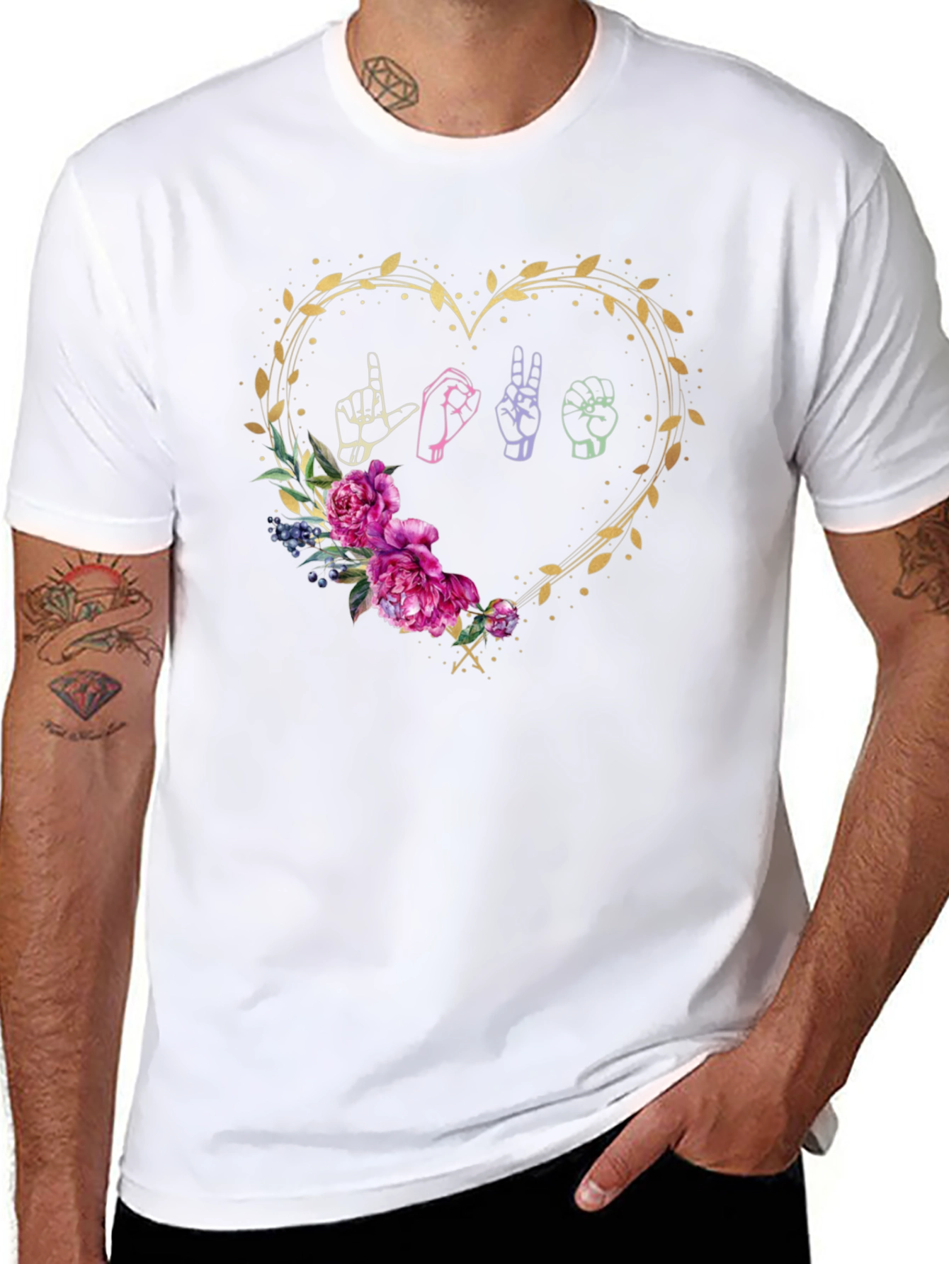 Black Love Sign Language Floral Heart T-Shirt view 8
