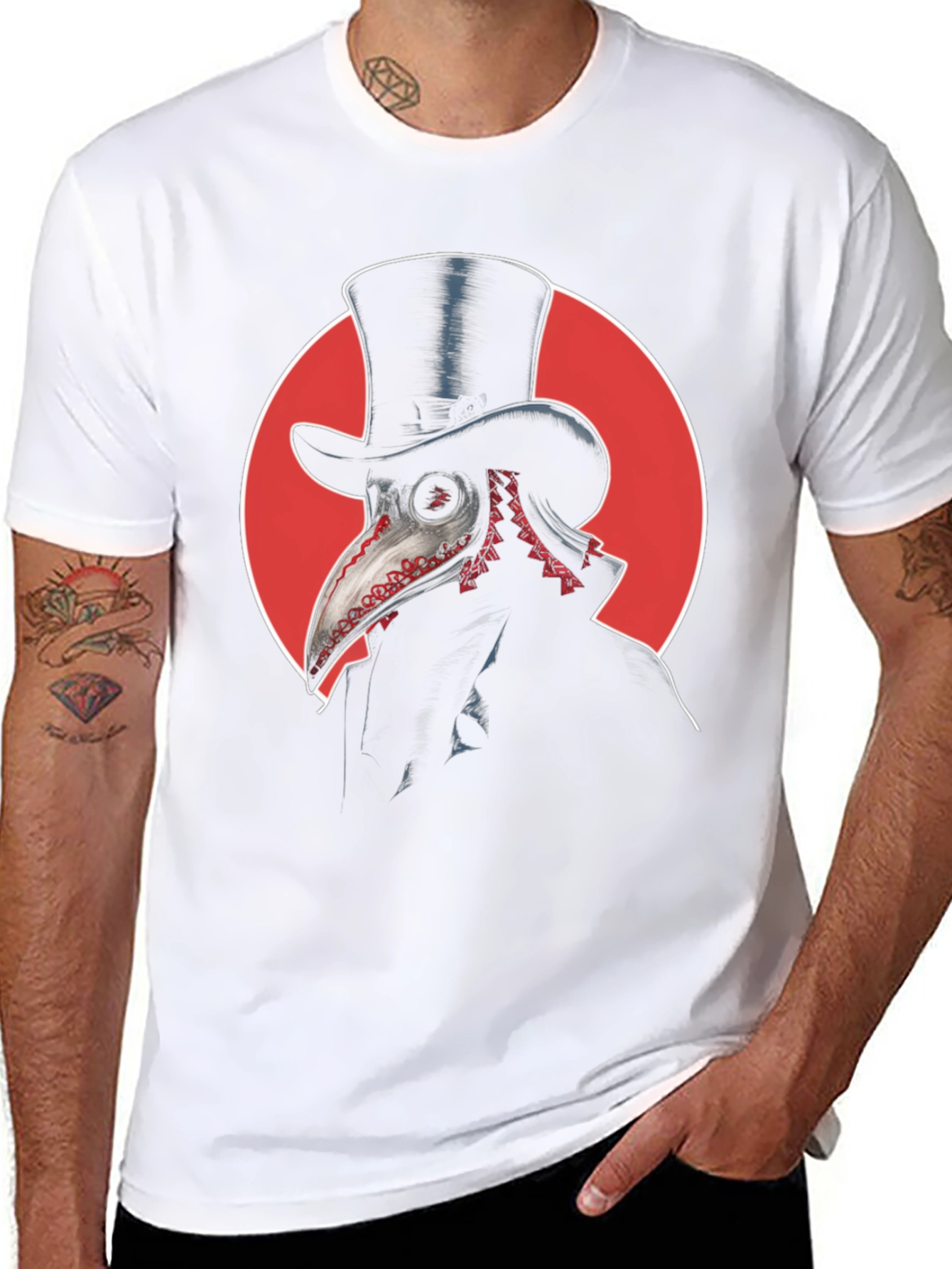 Black Plague Doctor Graphic Tee - Top Hat & Red Circle Design view 8