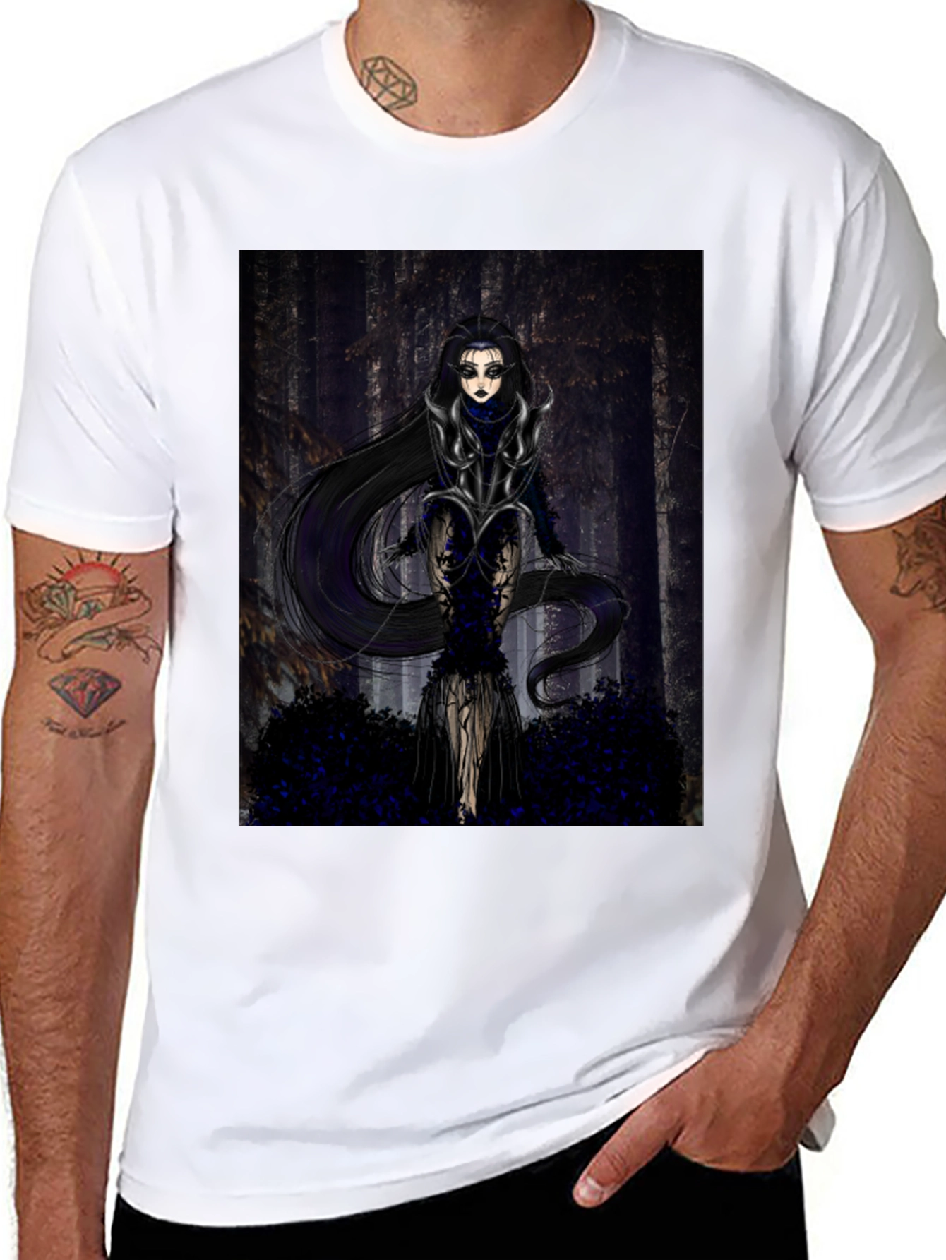 Black Gothic Forest Woman Graphic Print T-Shirt view 8