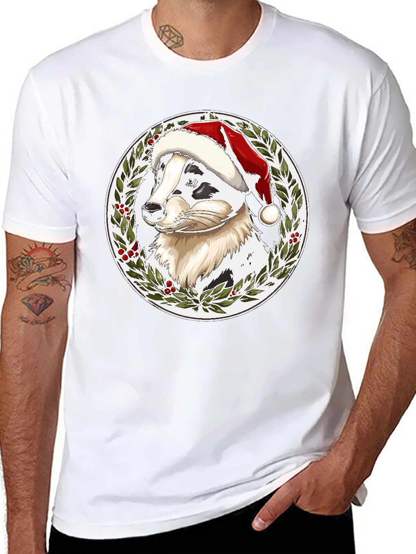 Black Festive Dog Santa Hat T-Shirt view 8