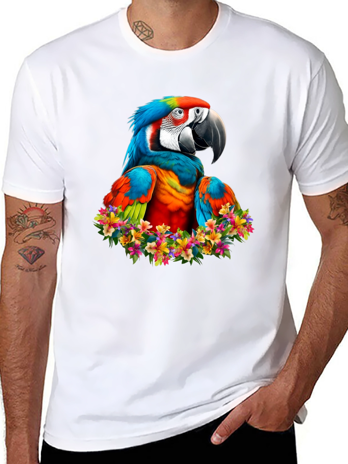 Black Macaw Parrot Floral Wreath Graphic T-Shirt view 8