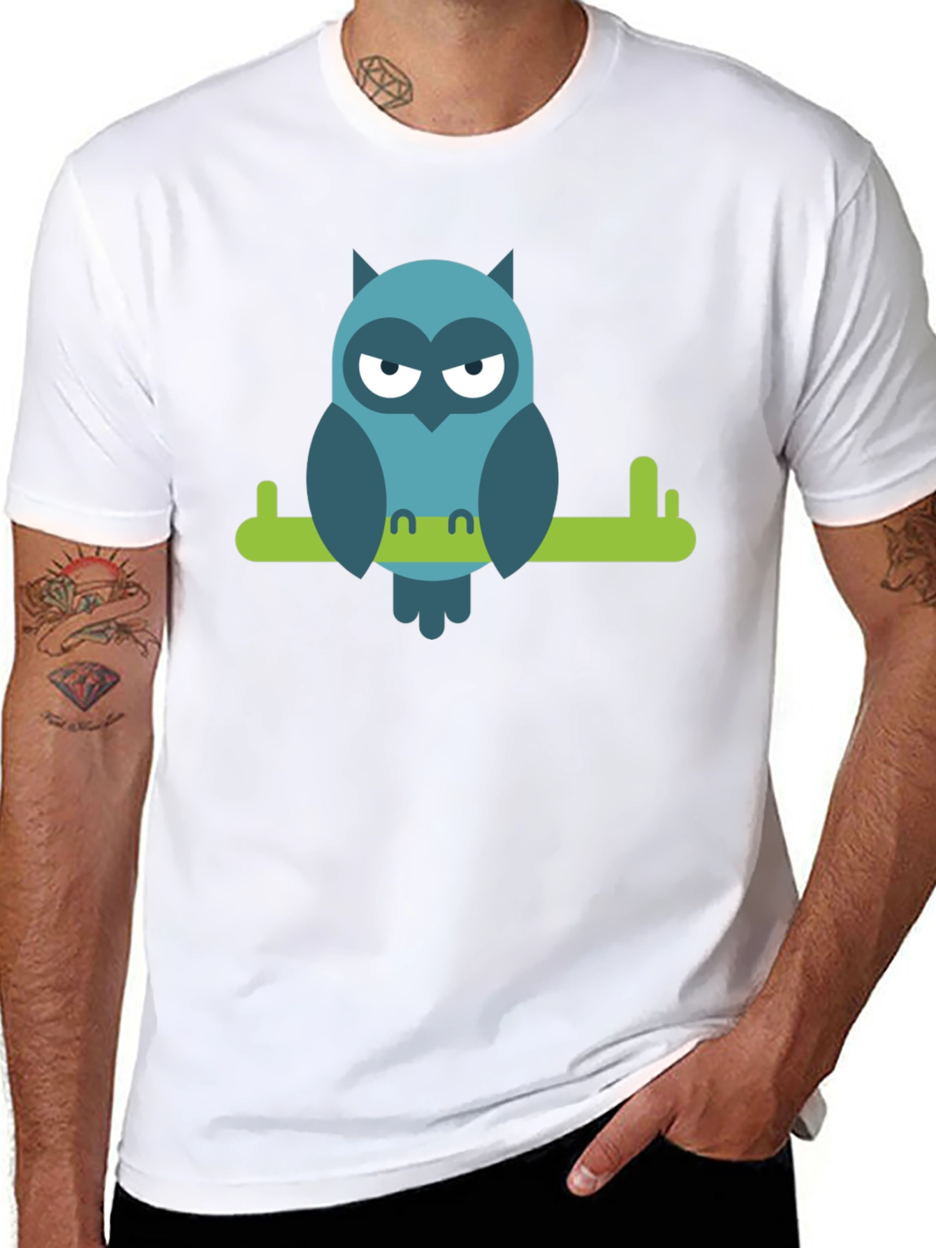 Black Cool Owl on Branch Graphic Tee - Black view 8