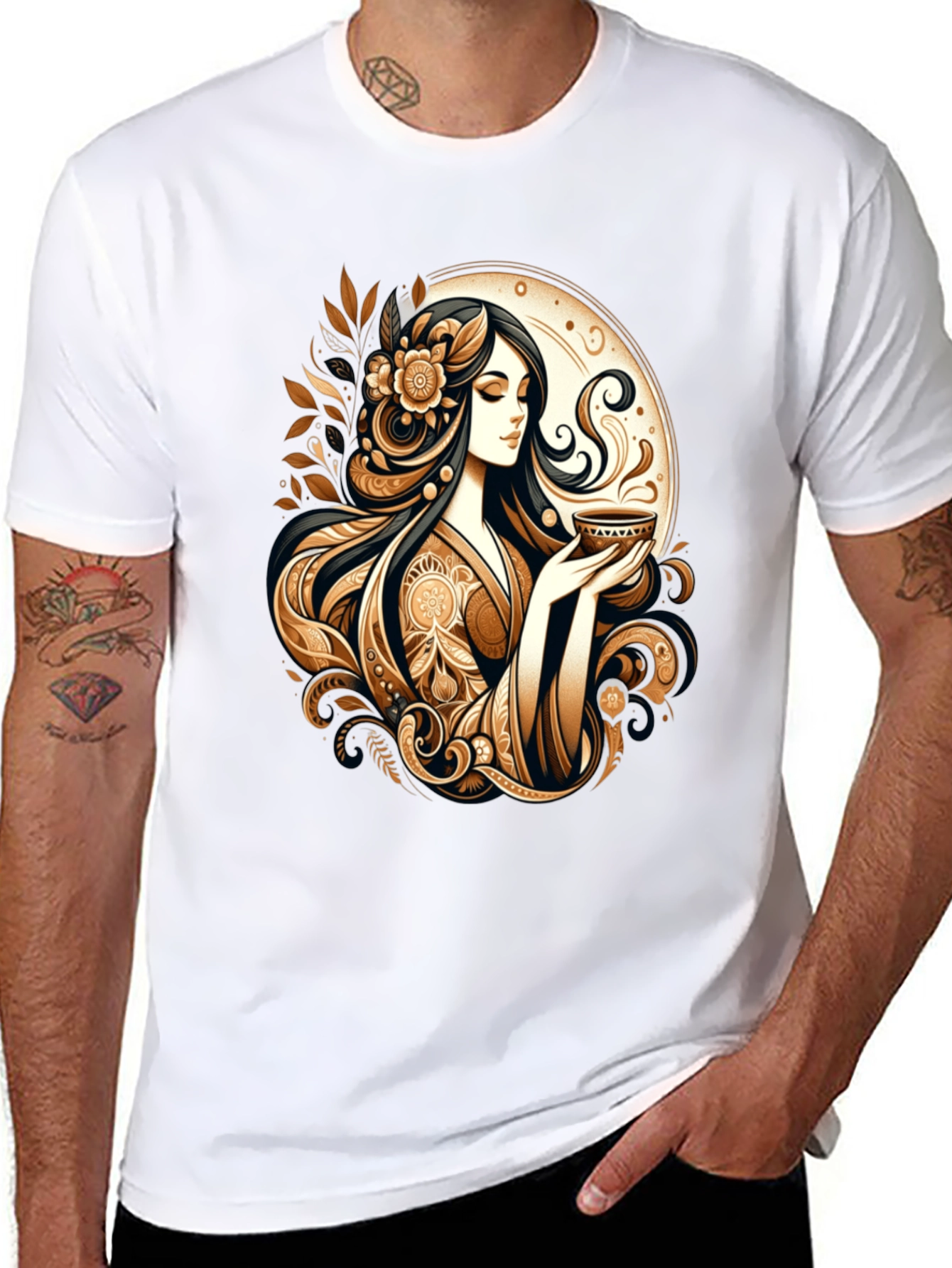 Black Elegant Woman Tea Art Graphic Tee view 8