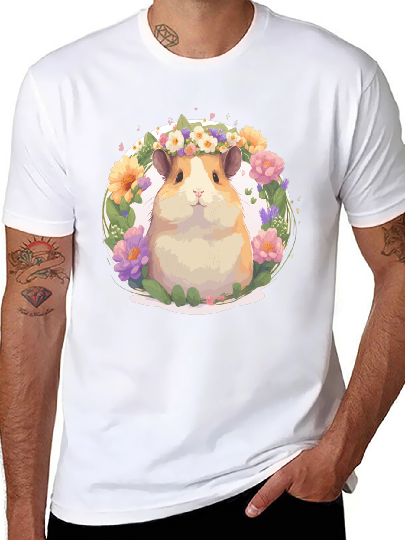 Black Cute Hamster Floral Wreath T-Shirt - Unisex view 8