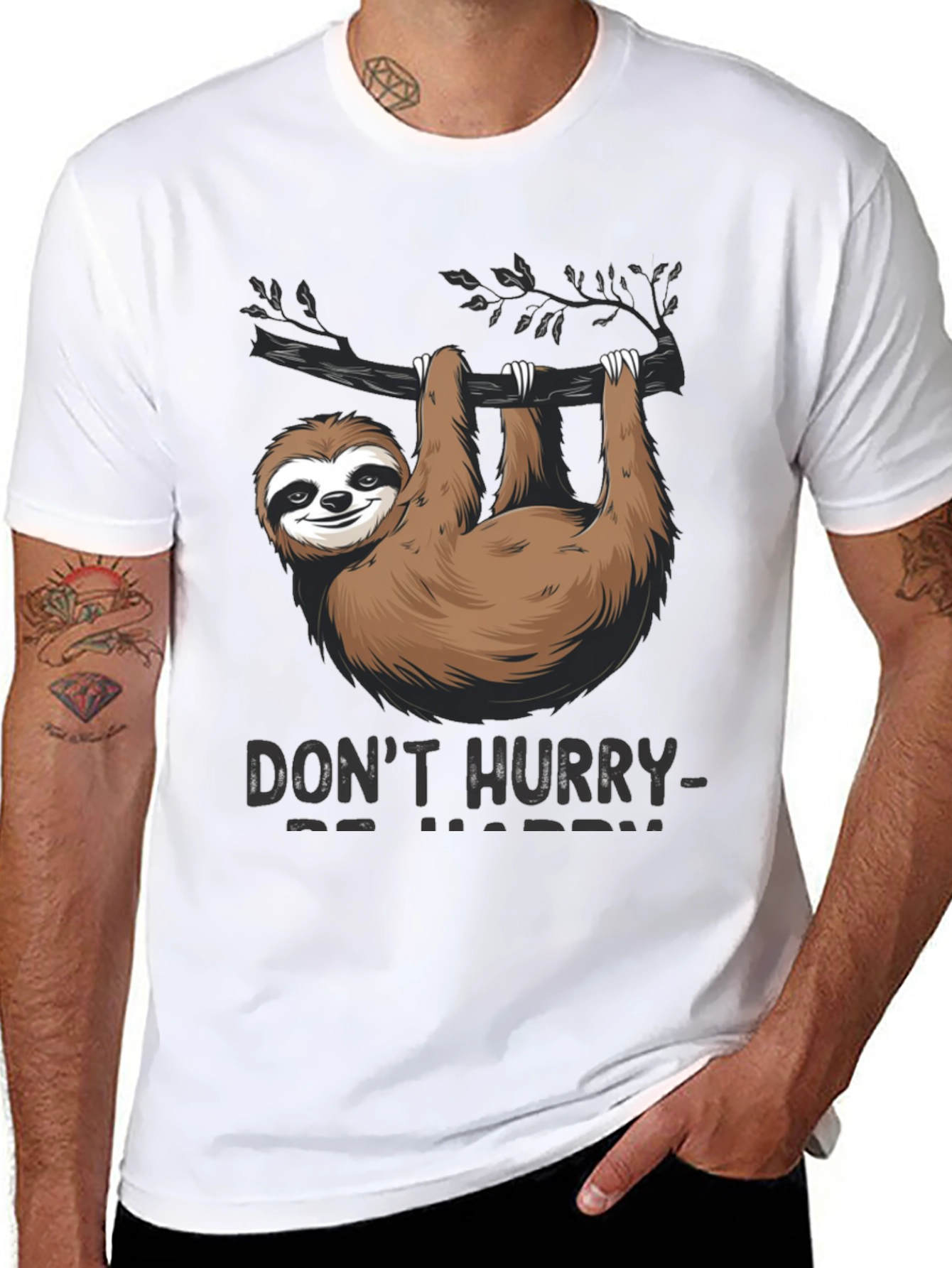 Black Don't Hurry Be Happy Sloth T-Shirt view 8