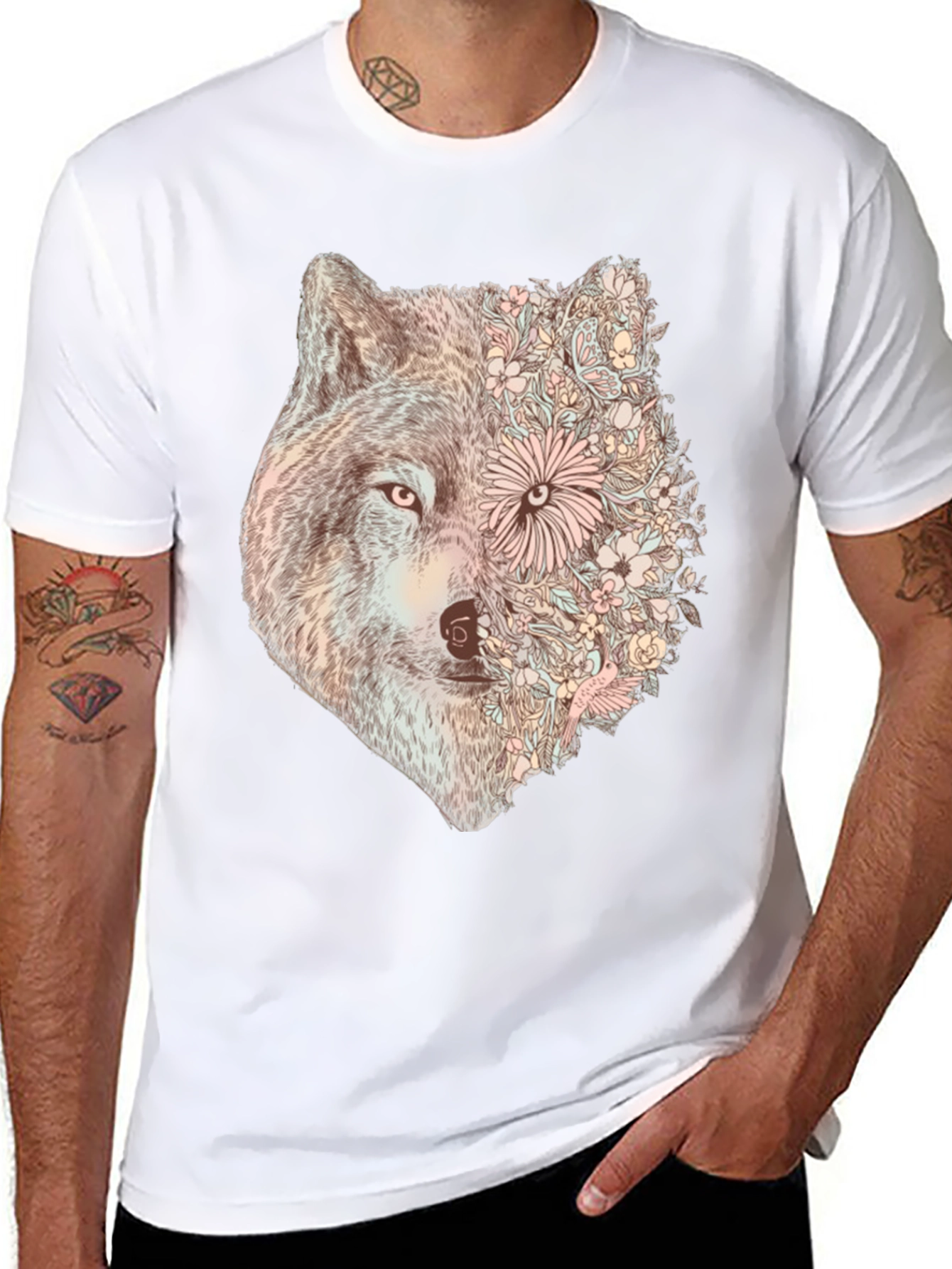 Black Floral Wolf Graphic Tee - Stylish Men's Black T-Shirt view 8