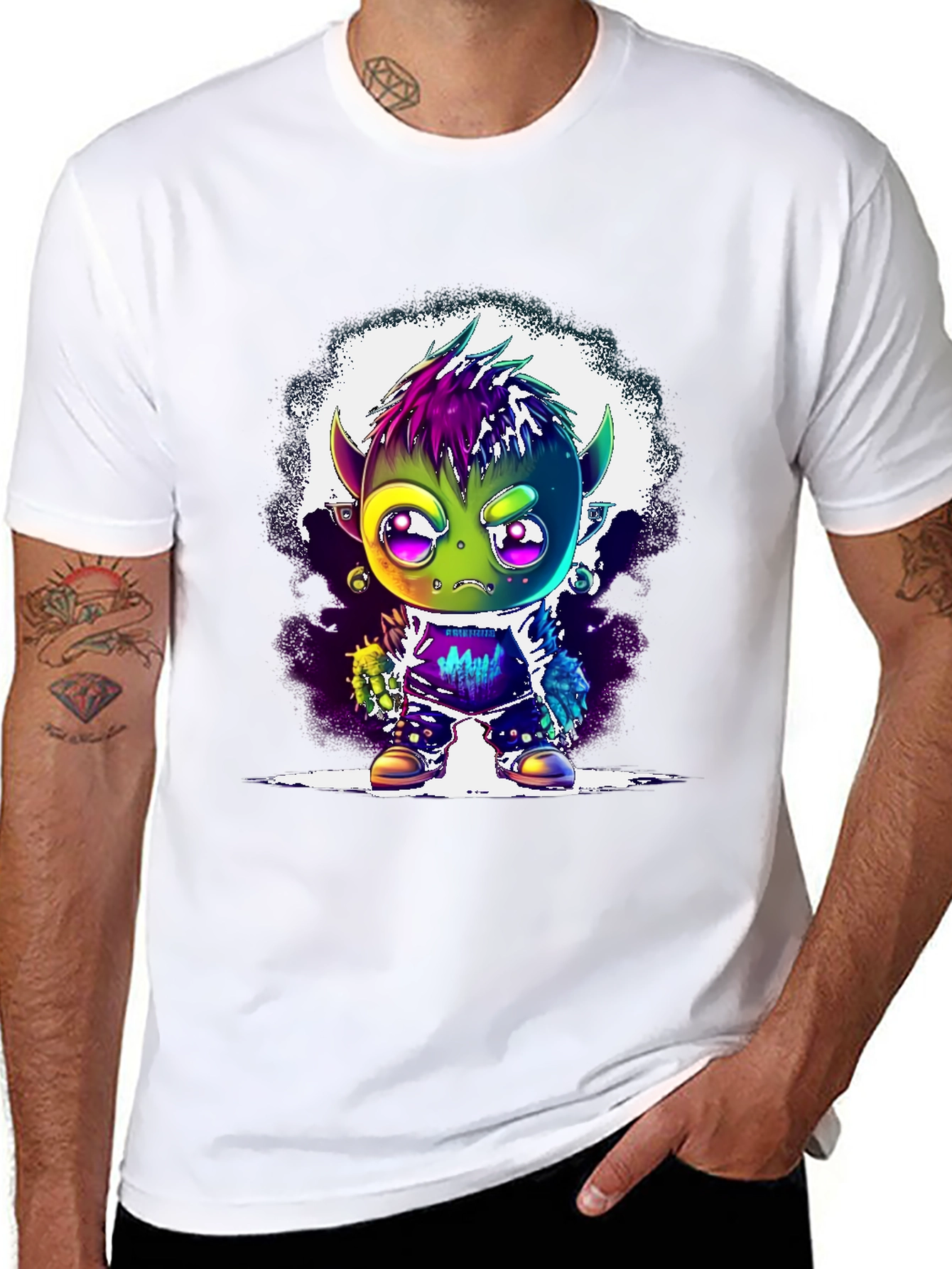 Black Cartoon Monster Graphic Tee - Black Unisex T-Shirt view 8