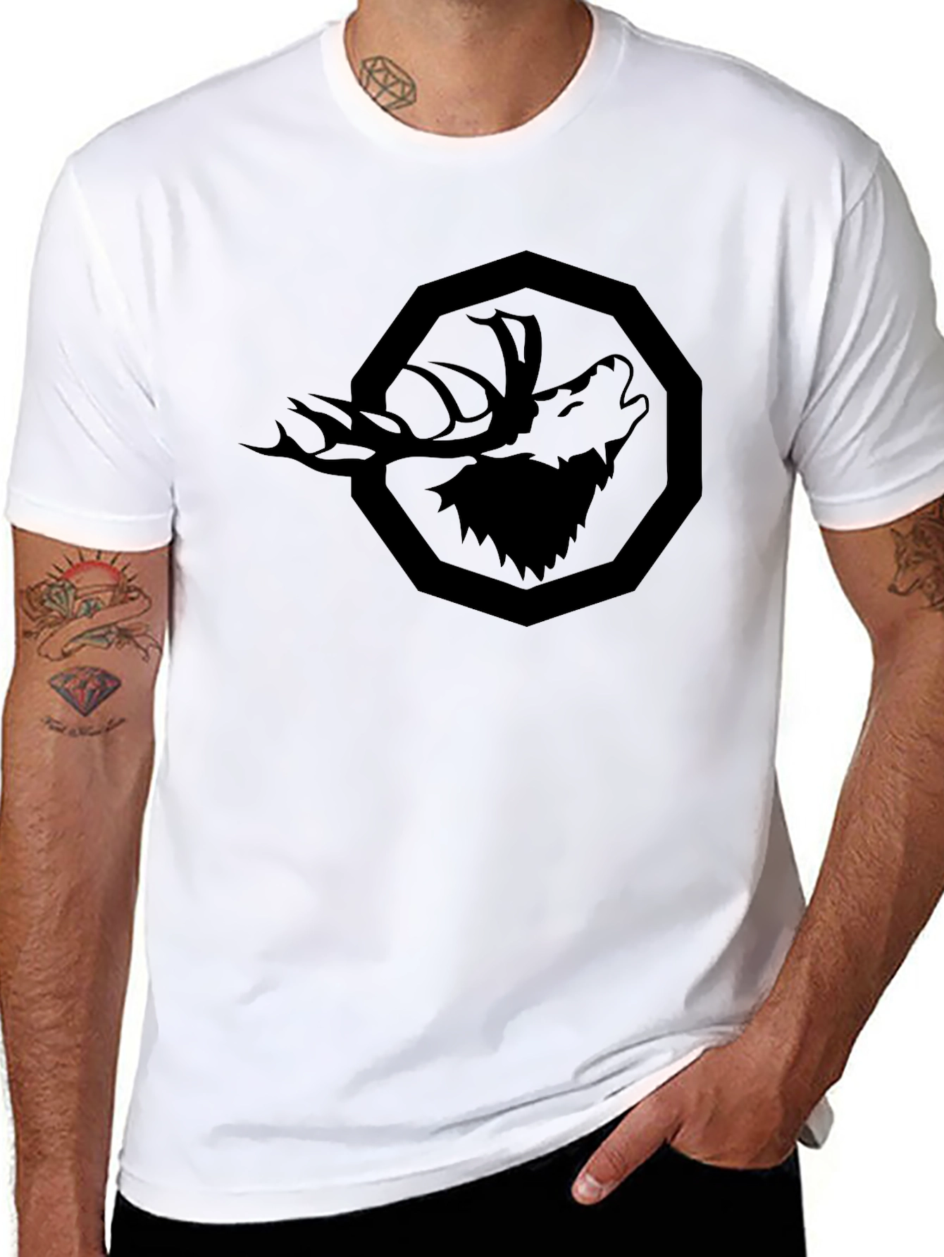 Black Men's Black Graphic Tee - Stag Design view 8