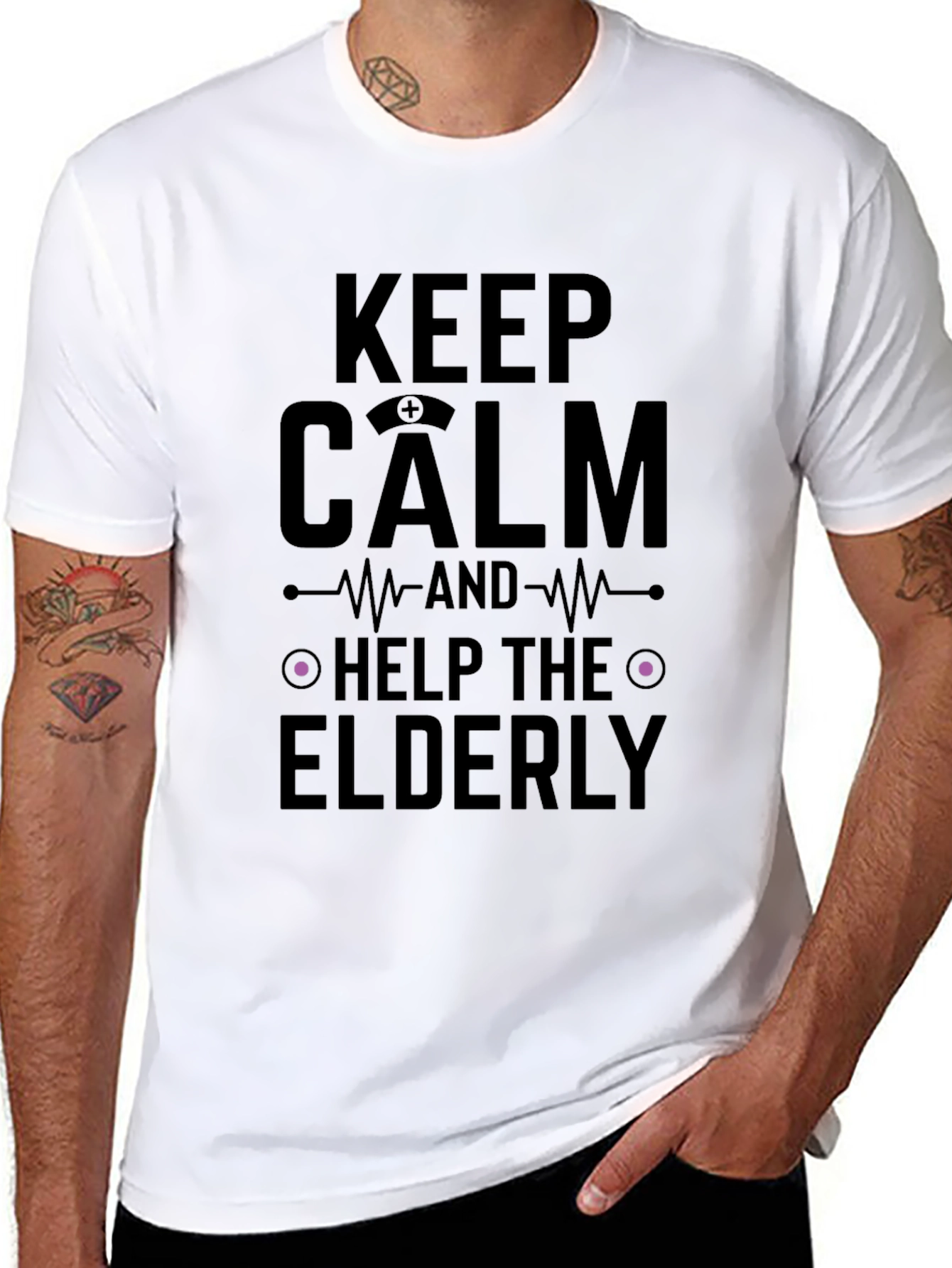 Black Keep Calm Help Elderly Black Graphic Tee view 8