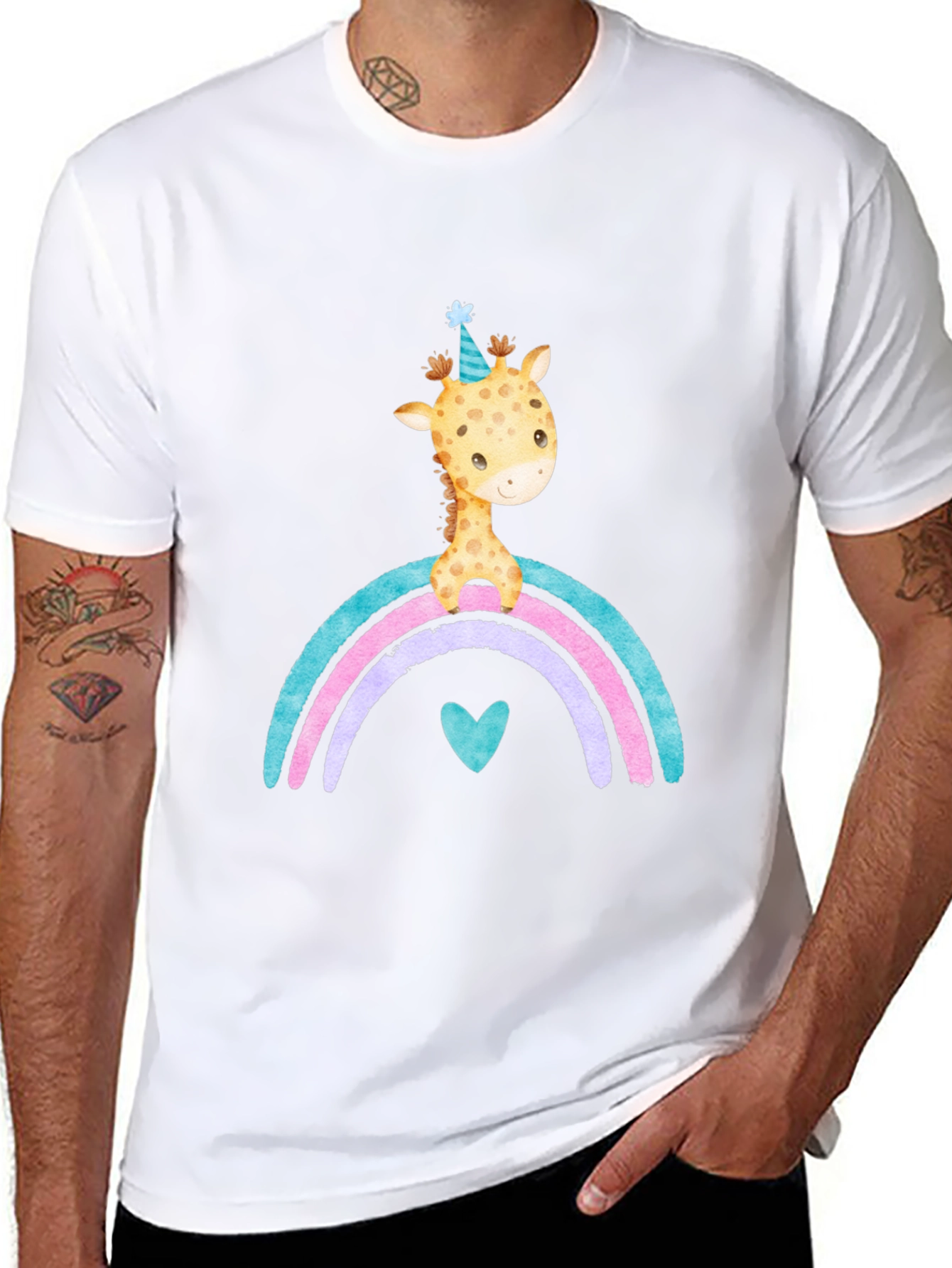 Black Giraffe Rainbow T-Shirt Cute Cartoon Graphic Tee view 8