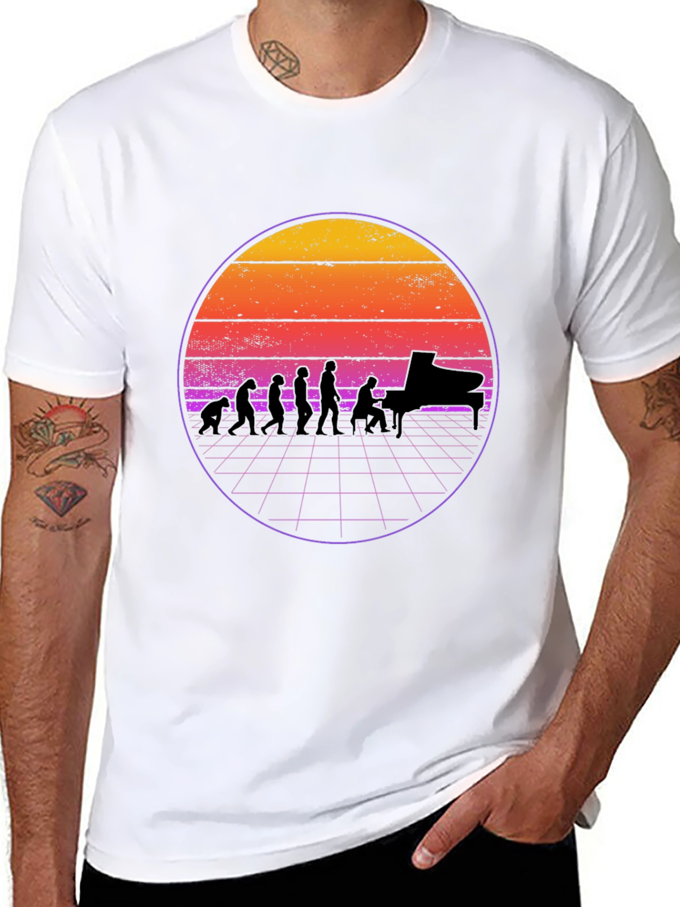 Black Piano Evolution T-Shirt - Retro Sunset Design view 8