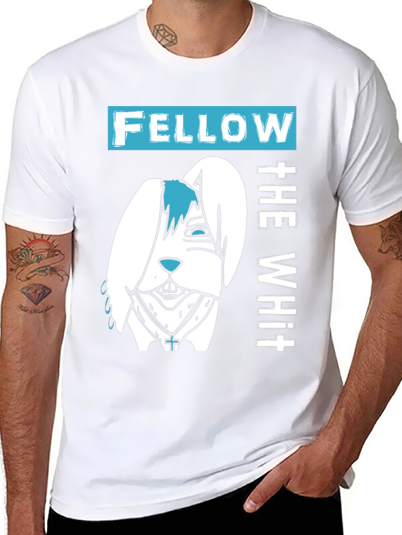 Black Fellow The White T-Shirt with Cartoon Bunny Design view 8