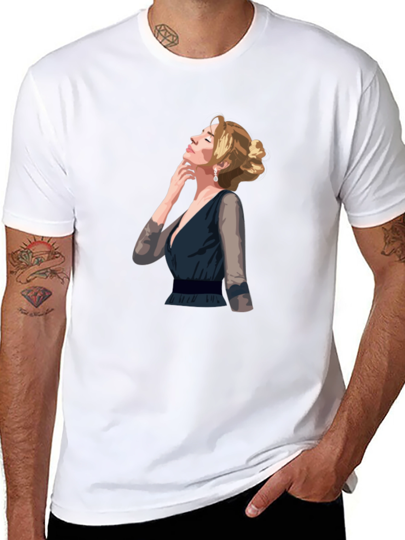 Black Elegant Woman Graphic T-Shirt - Stylish Crew Neck Tee view 8