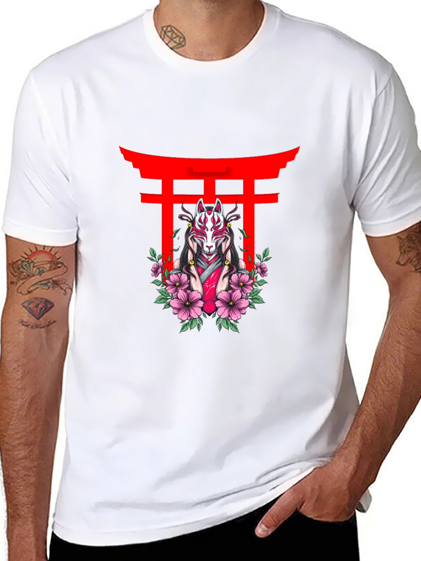 Black Black T-Shirt with Japanese Fox Mask Design view 8