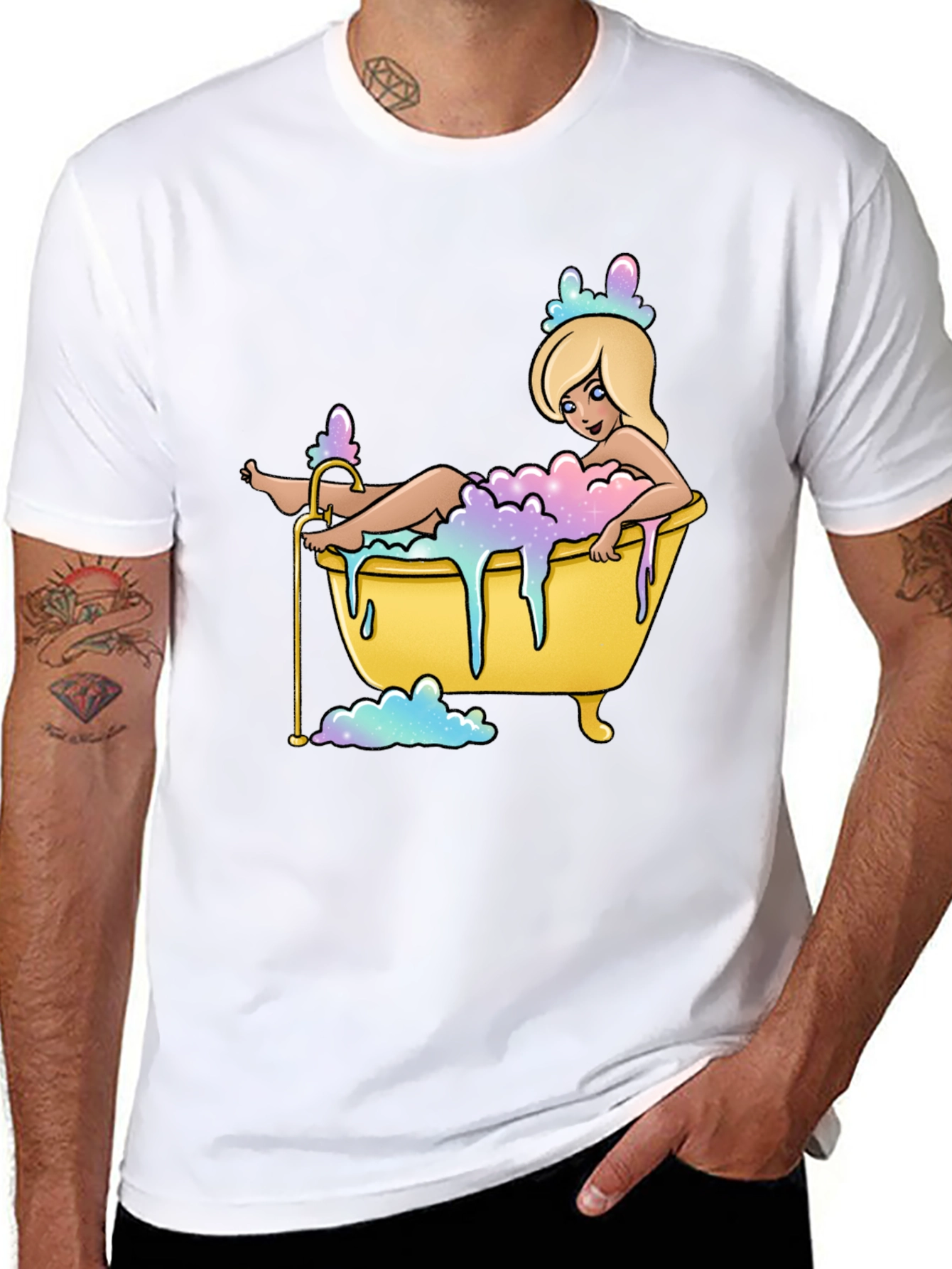 Black Cartoon Girl Bathtub T-Shirt - Black Cotton Tee view 8