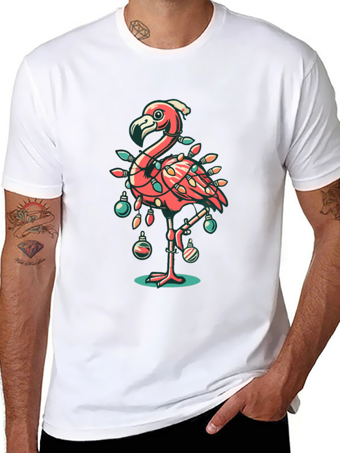 Black Festive Flamingo Christmas T-Shirt view 8