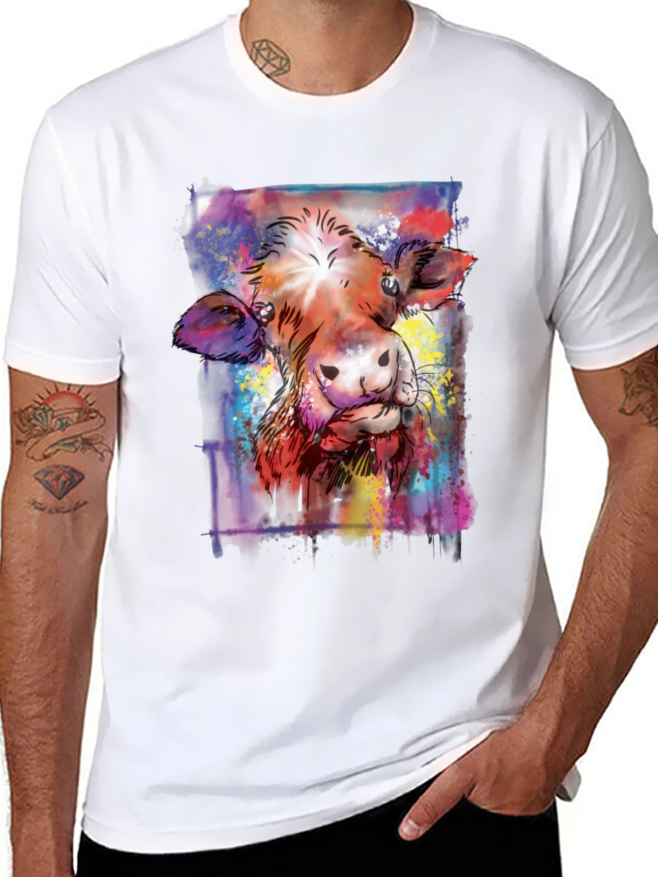Black Colorful Cow Art Graphic Print Black T-Shirt view 8