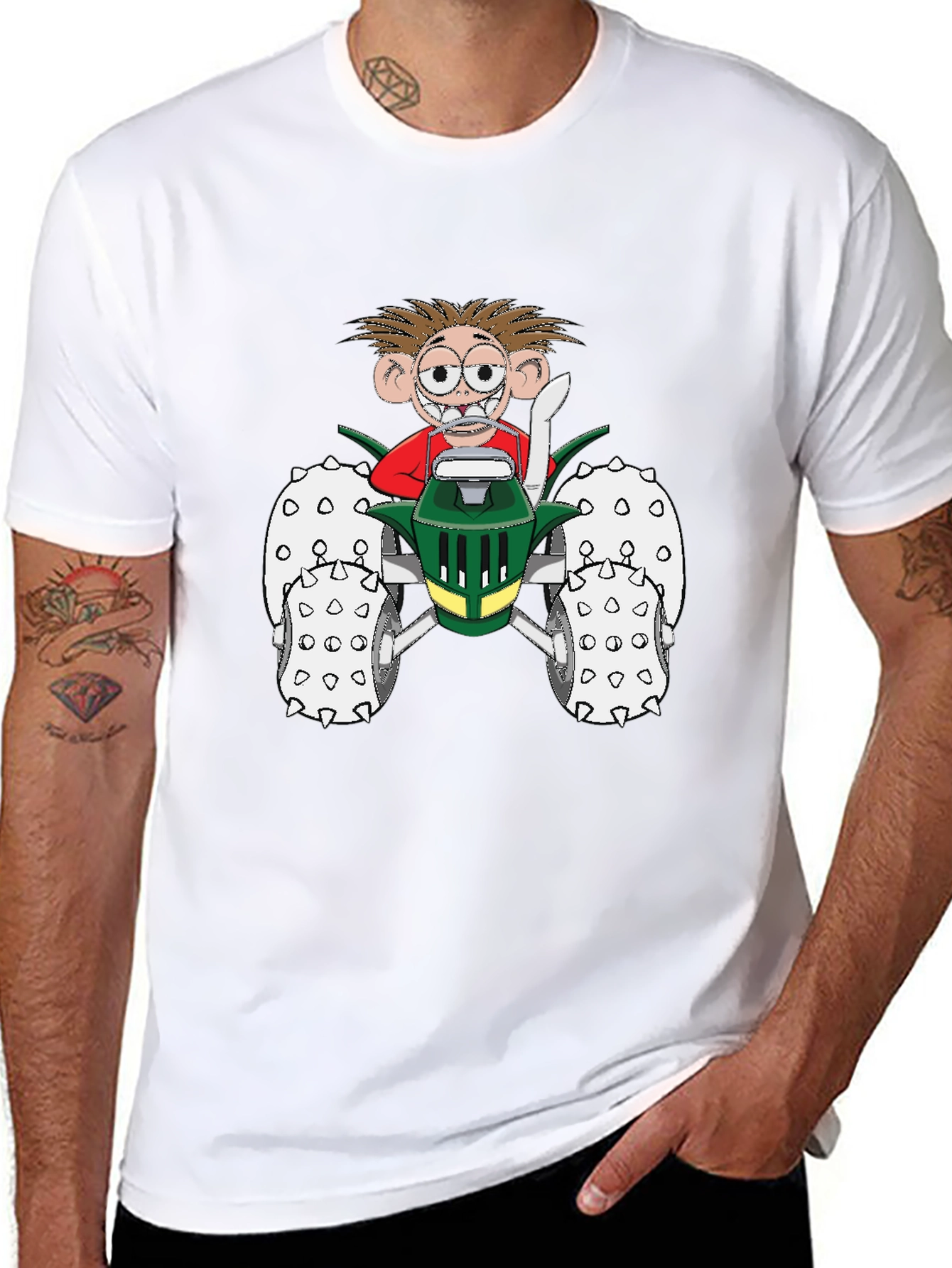 Cartoon Character on Tractor Black T-Shirt - 8