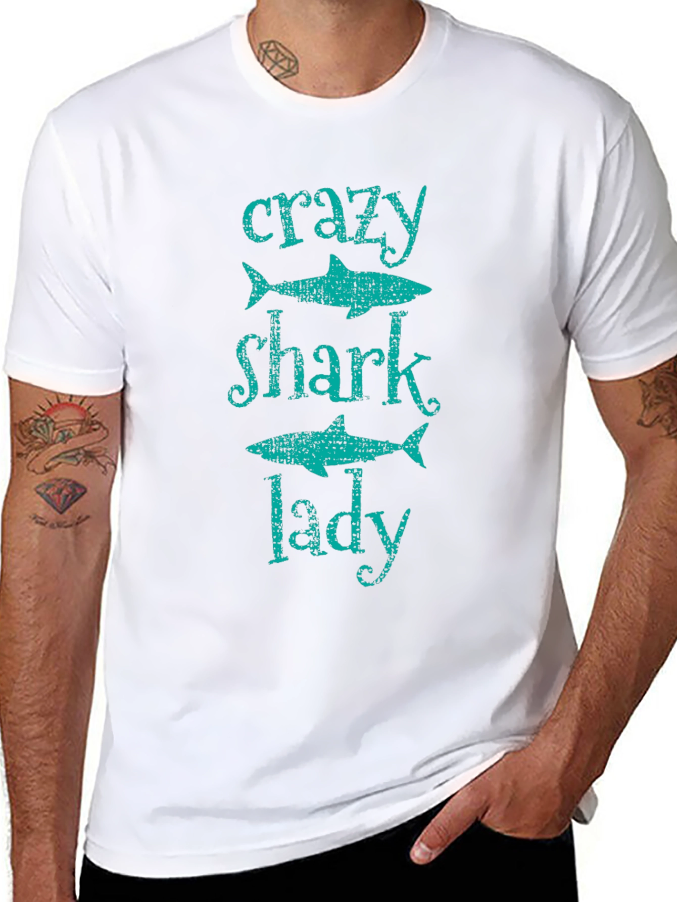 Black Crazy Shark Lady T-Shirt -  Black Cotton Tee view 8
