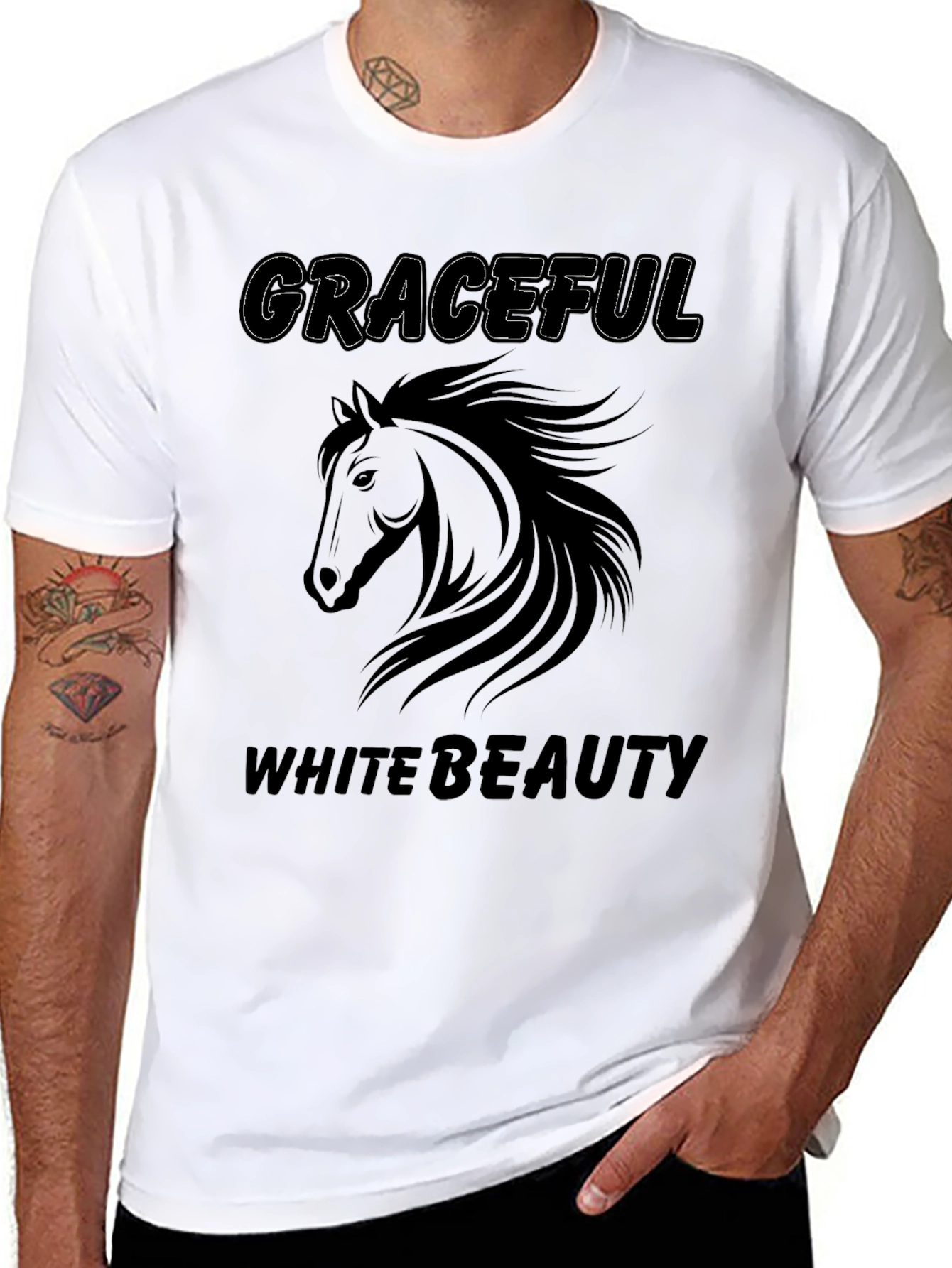 Black Graceful White Beauty Horse Graphic Tee view 8