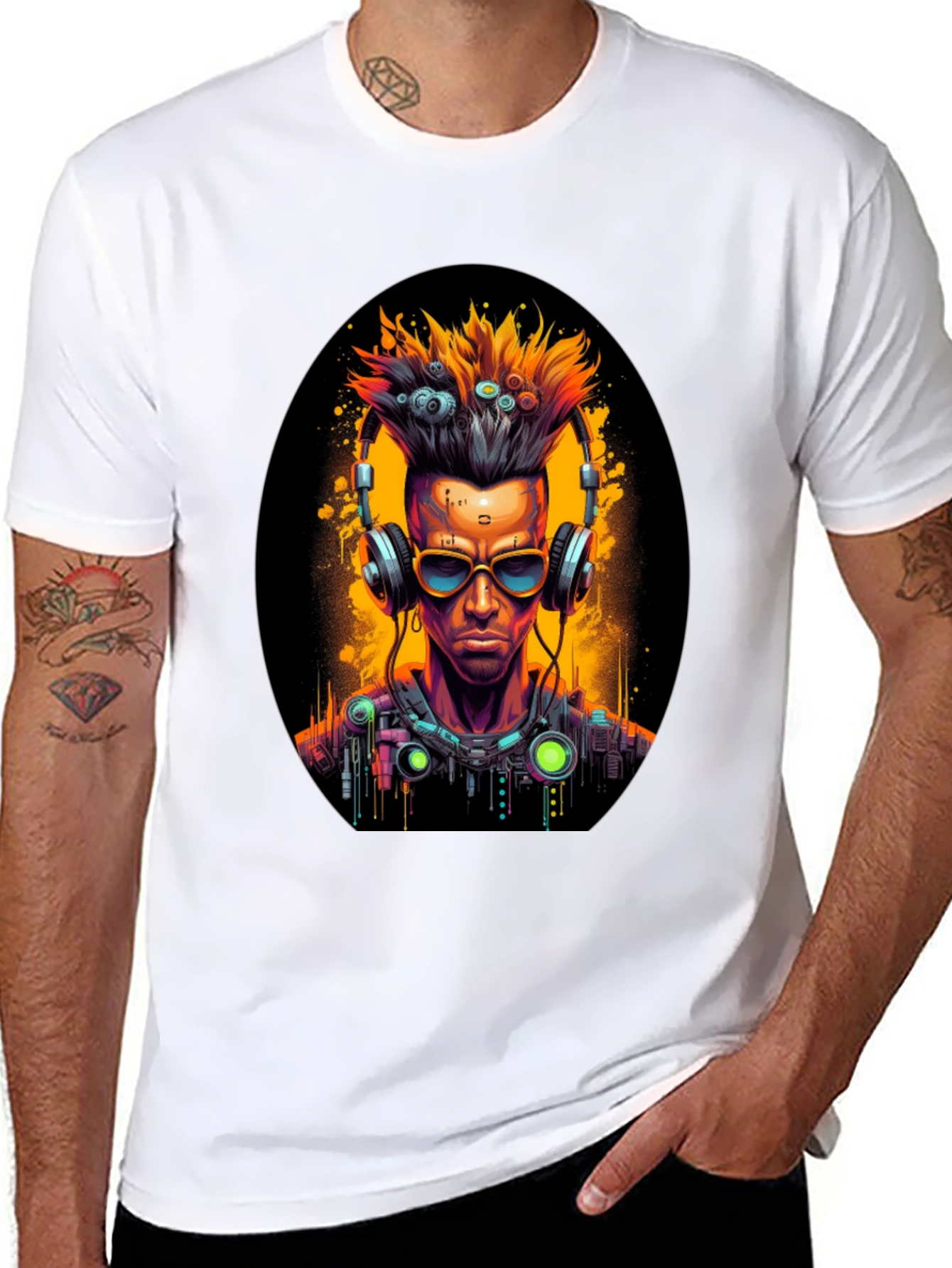 Black Cyberpunk Gamer T-Shirt: Futuristic Headphone Design view 8