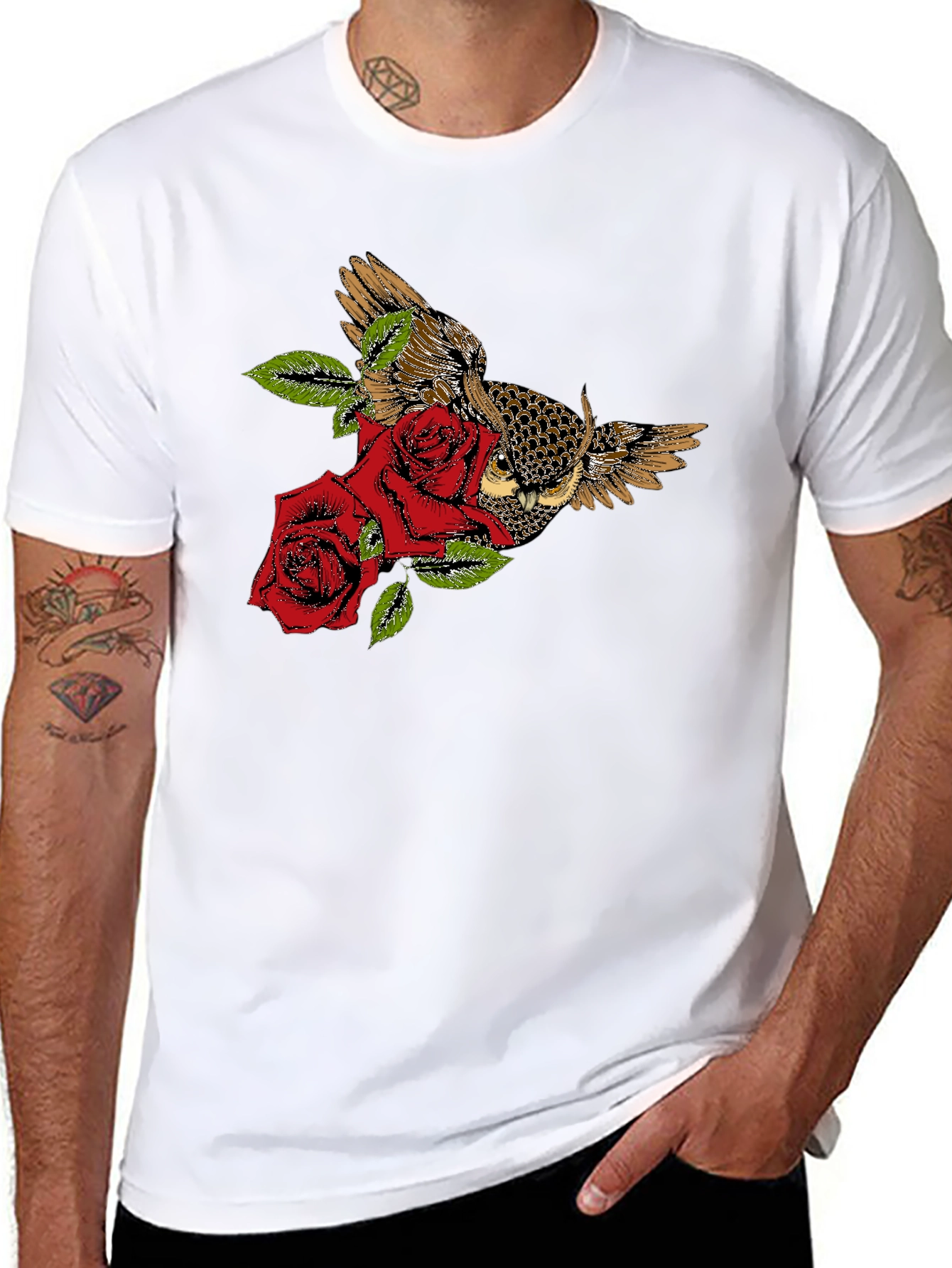 Black Owl and Roses Graphic T-Shirt - Black view 8
