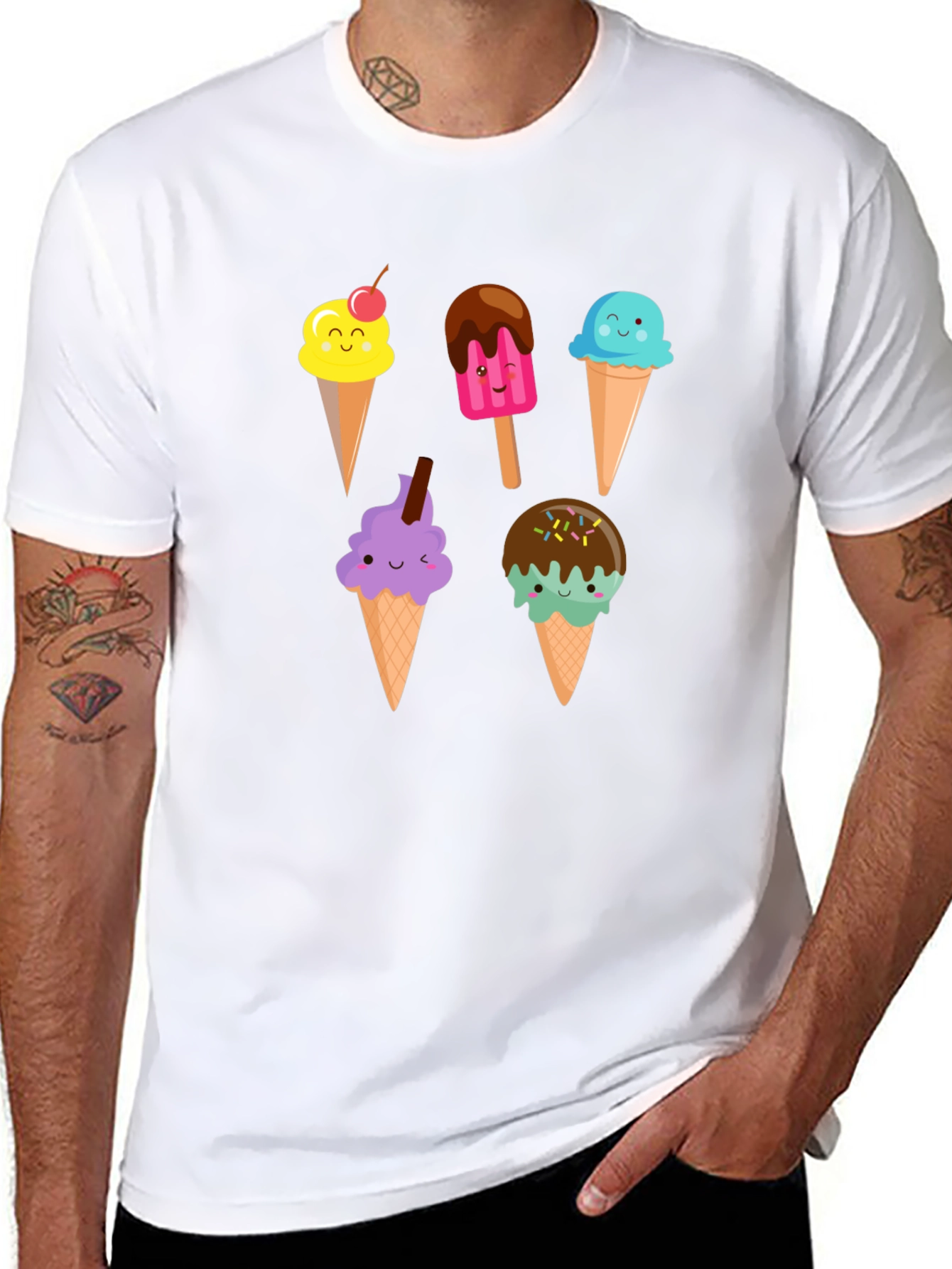 Black Cute Cartoon Ice Cream Graphic Black T-Shirt view 8