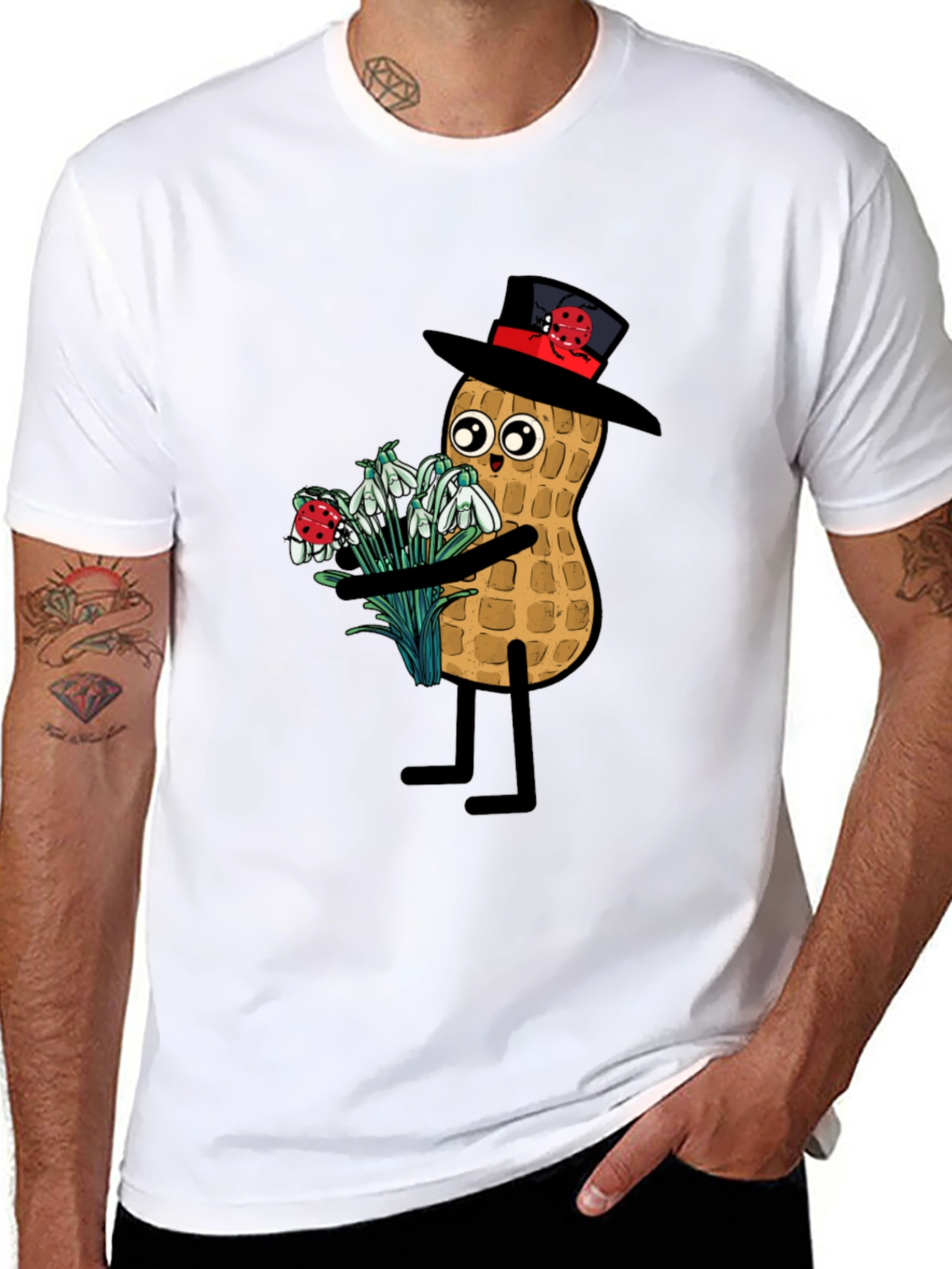Black Funny Peanut with Flowers Graphic Tee view 8