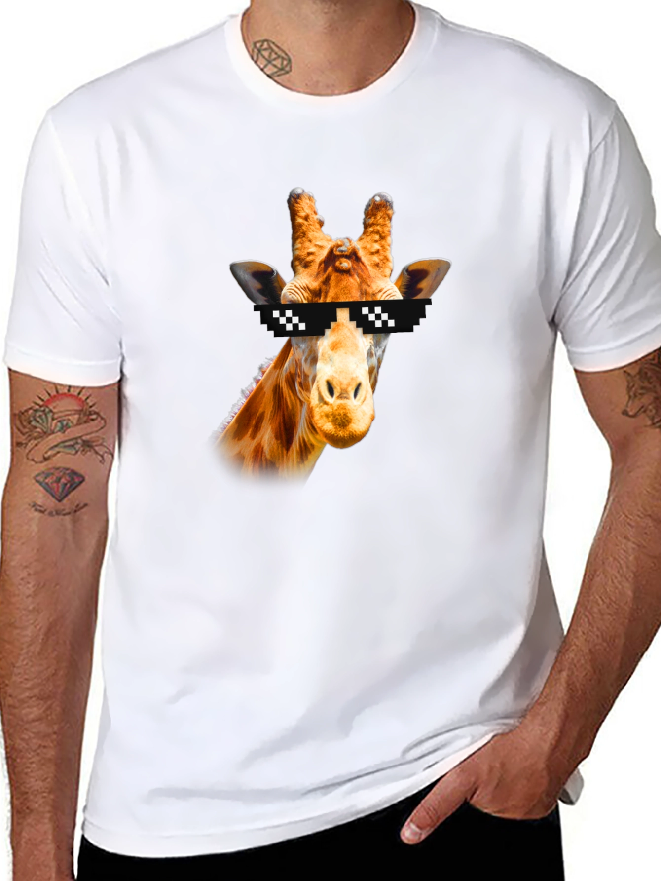 Black Cool Giraffe Pixel Sunglasses Black T-Shirt view 8