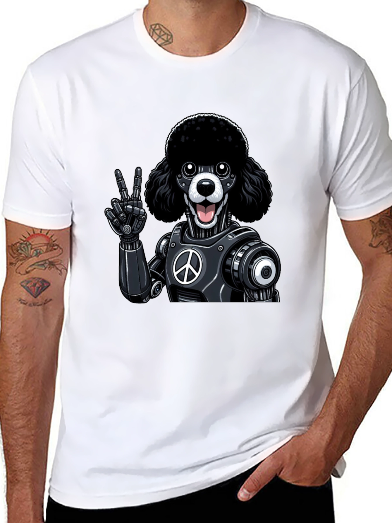 Black Peace Poodle Robot Graphic T-Shirt view 8