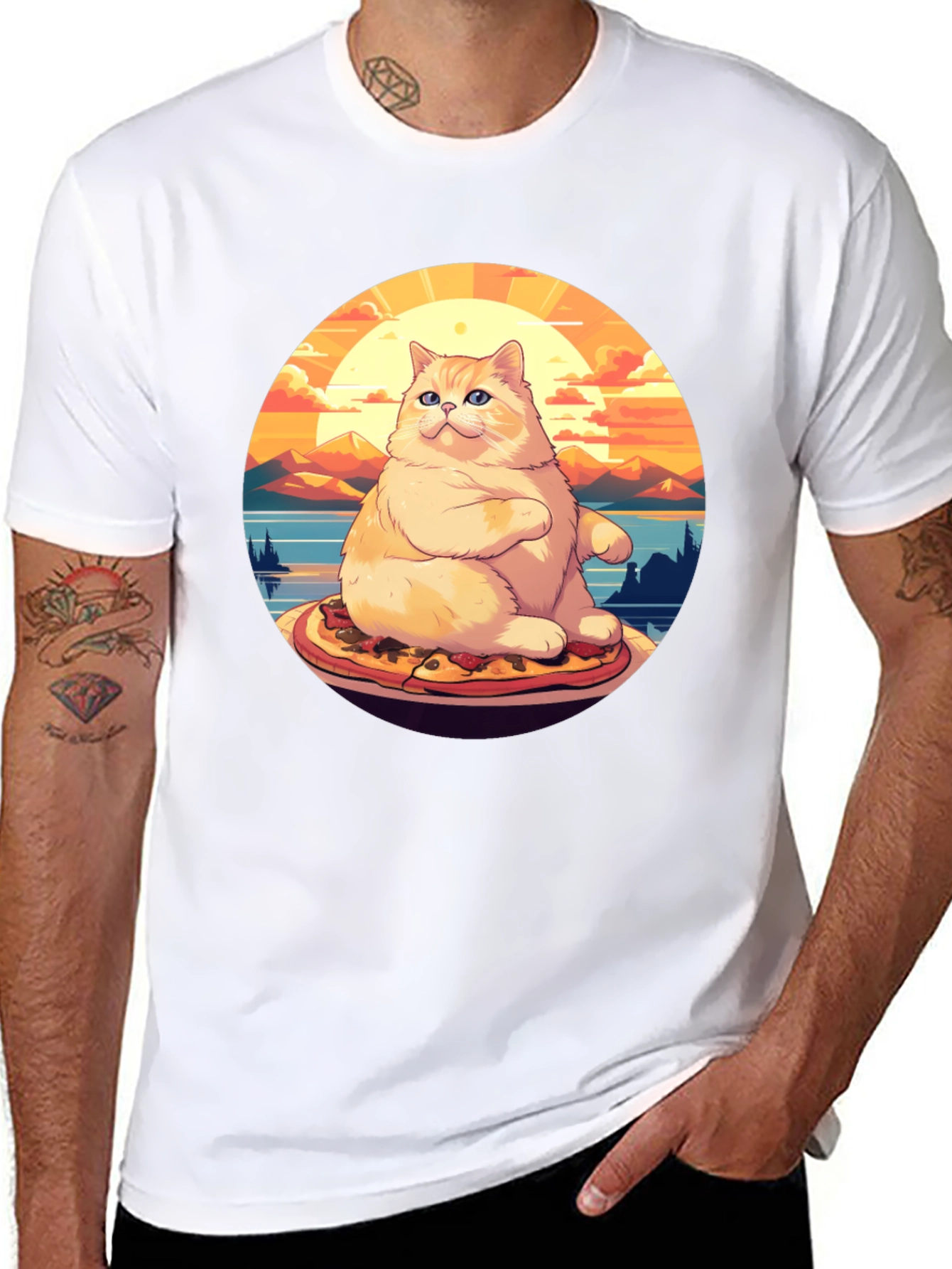 Black Pizza Cat T-Shirt: Sunset Vibes view 8