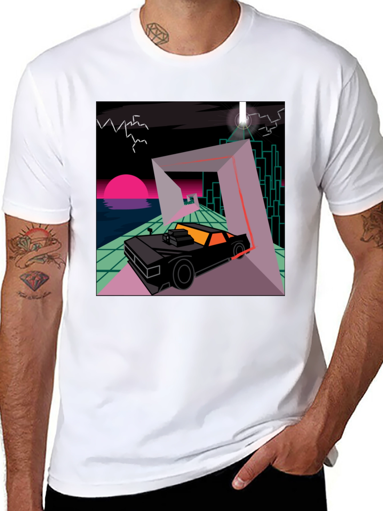 Black Retro Wave Car T-Shirt - Synthwave Design view 8