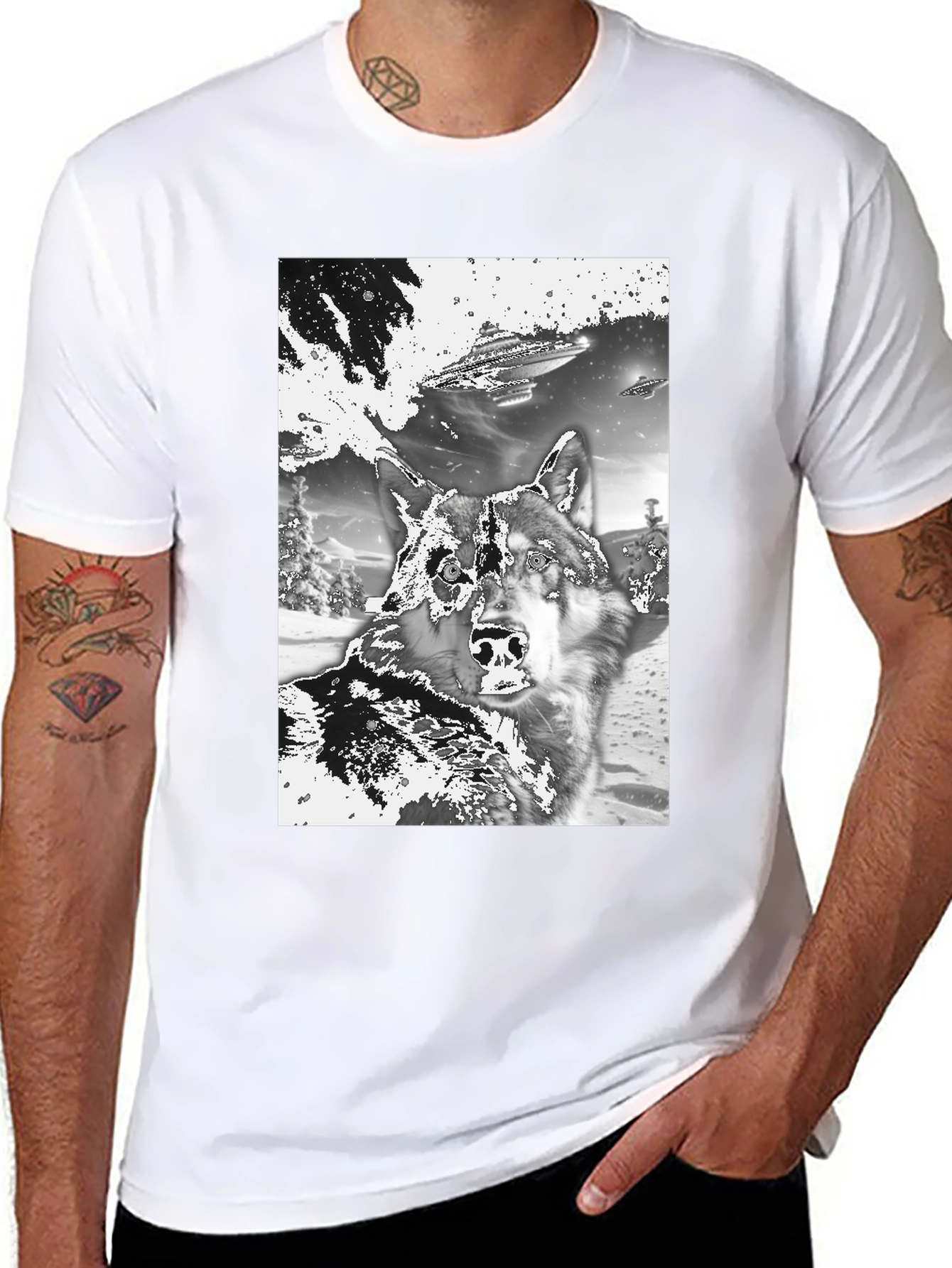 Black Wolf & UFO Graphic T-Shirt - Black Crew Neck Tee view 8