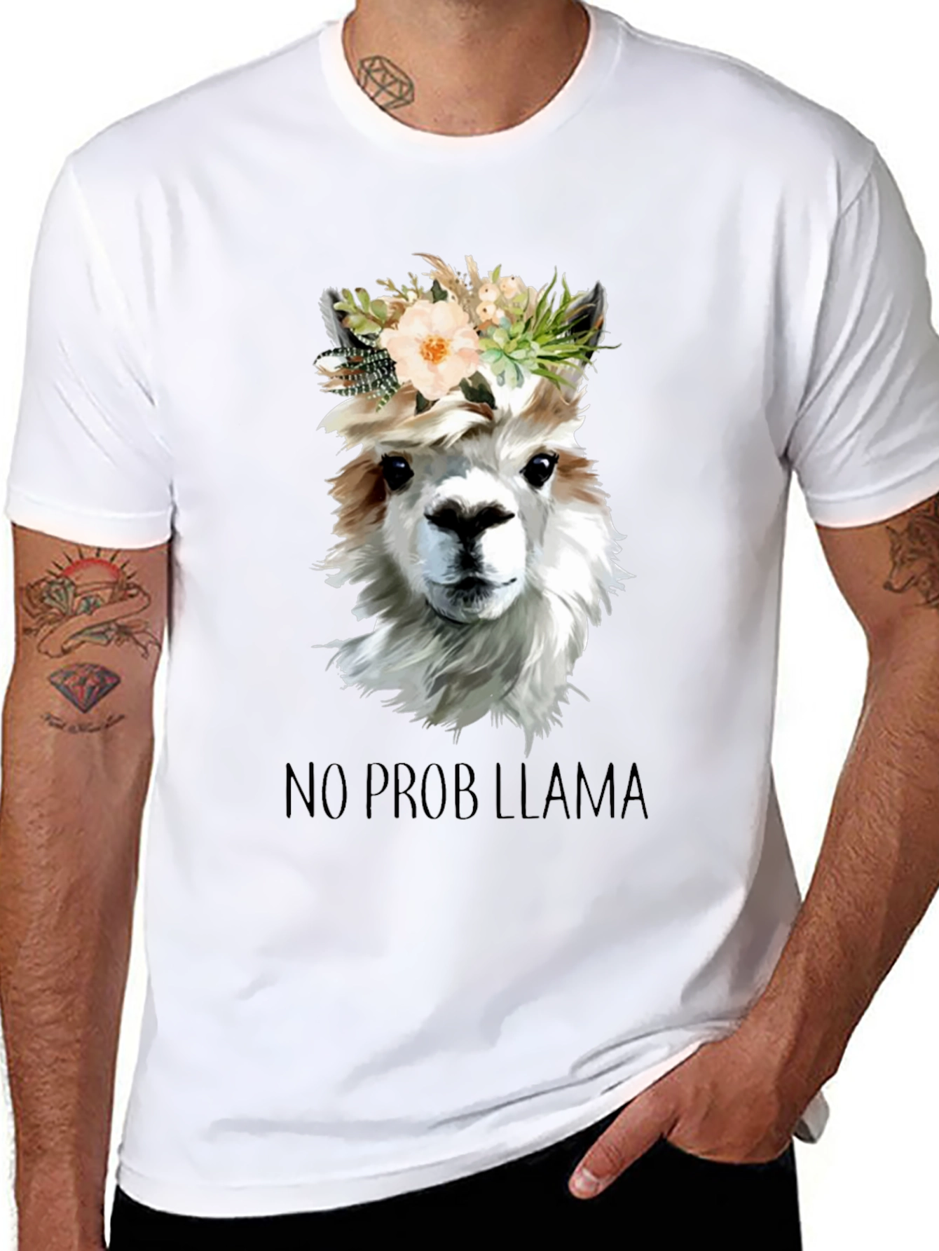 Black No Prob Llama T-Shirt - Floral Crown Alpaca Graphic Tee view 8