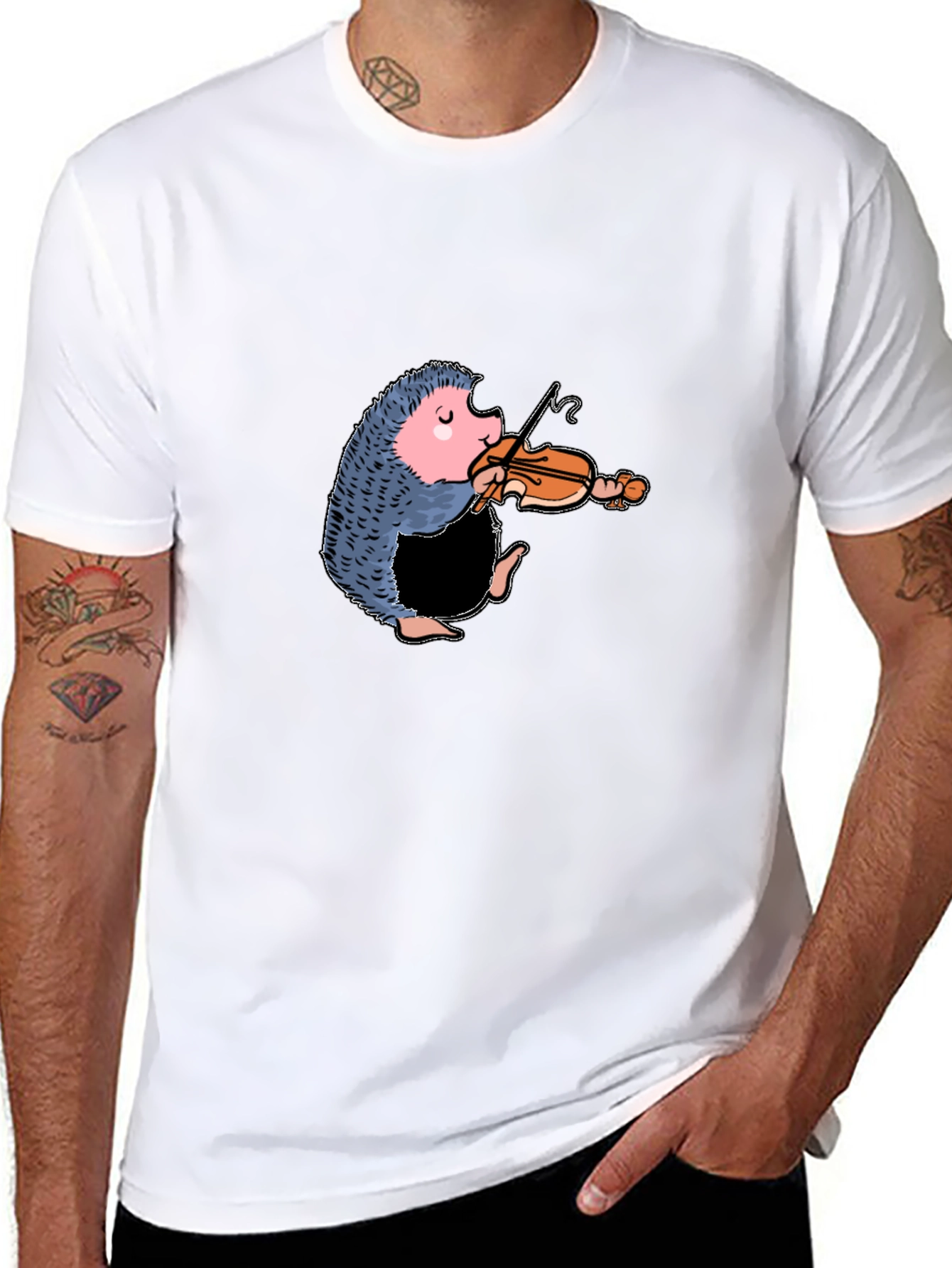 Black Funny Hedgehog Playing Violin T-Shirt view 8