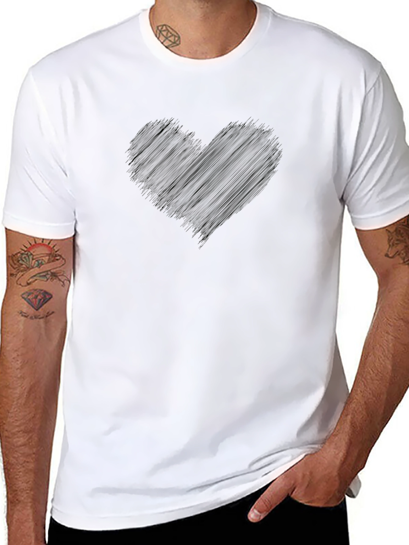 Black Men's Black Graphic T-Shirt - Heart Design view 8