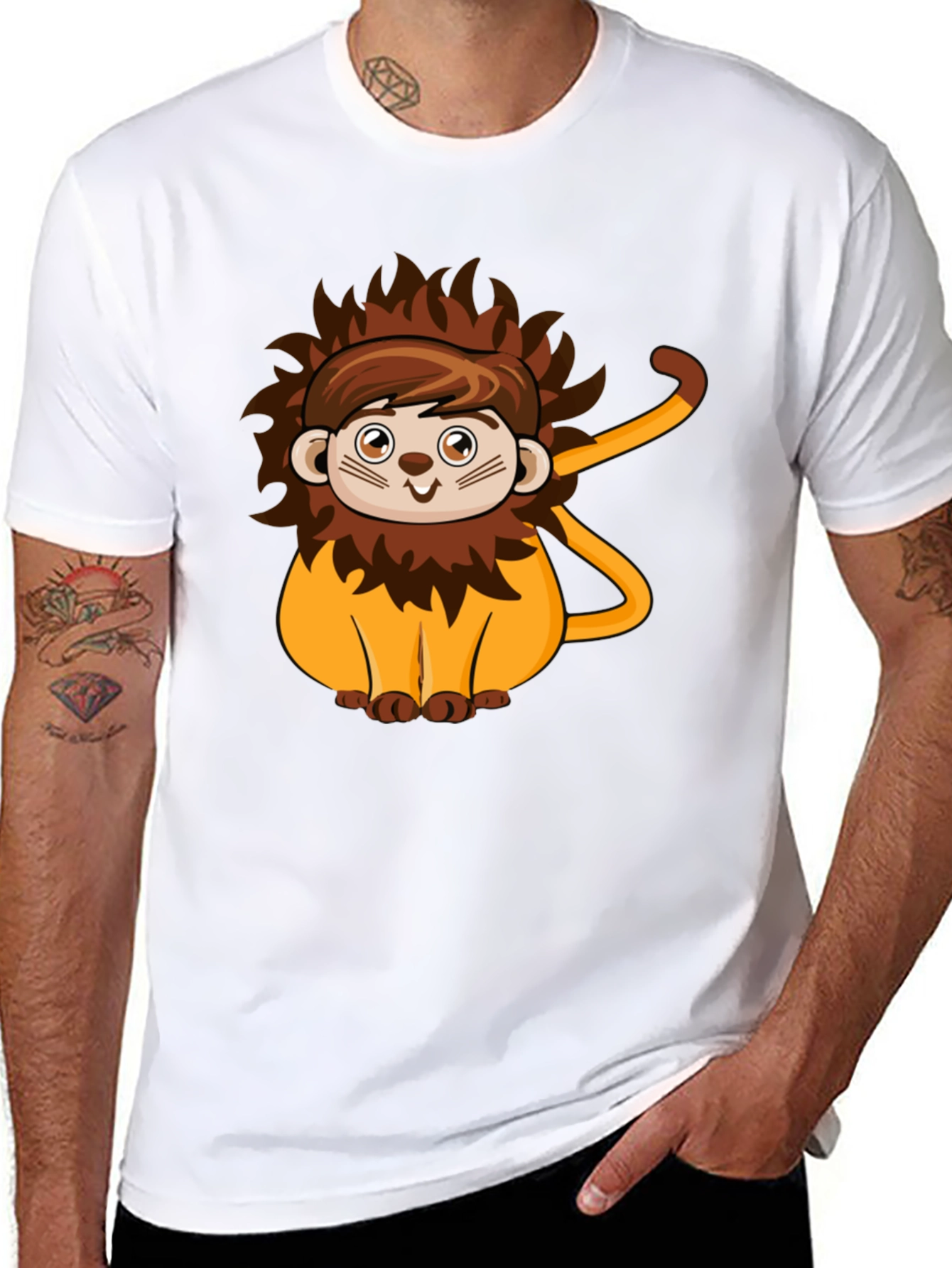 Black Cute Lion Cartoon Black T-Shirt view 8