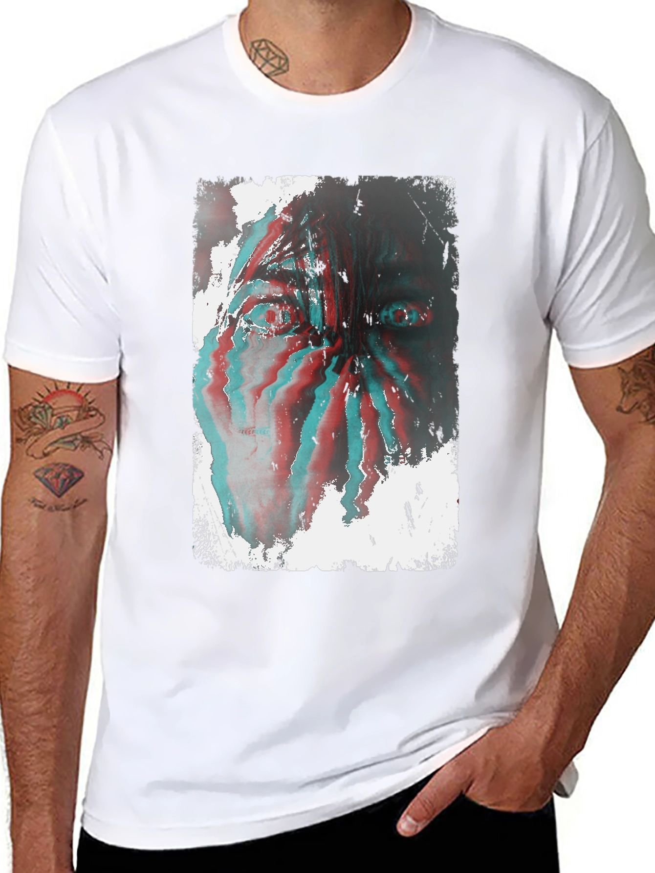 Black Distorted Face Graphic Tee - Black Cotton Blend view 8