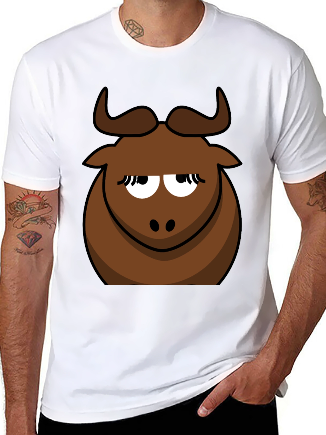 Black Funny Cartoon Bull Graphic Tee - Black Cotton T-Shirt view 8