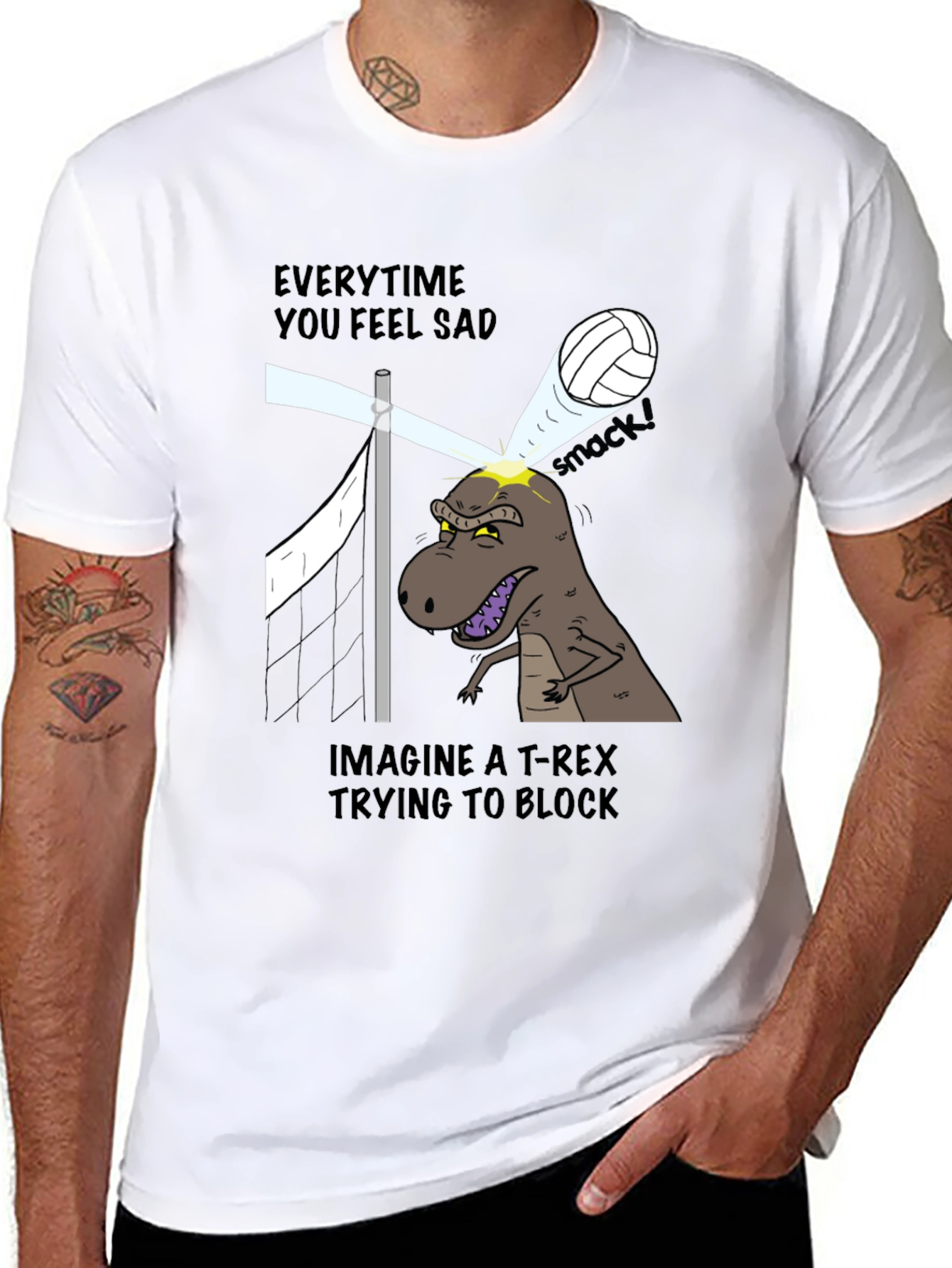 Funny T-Rex Volleyball Block Graphic Tee - 8