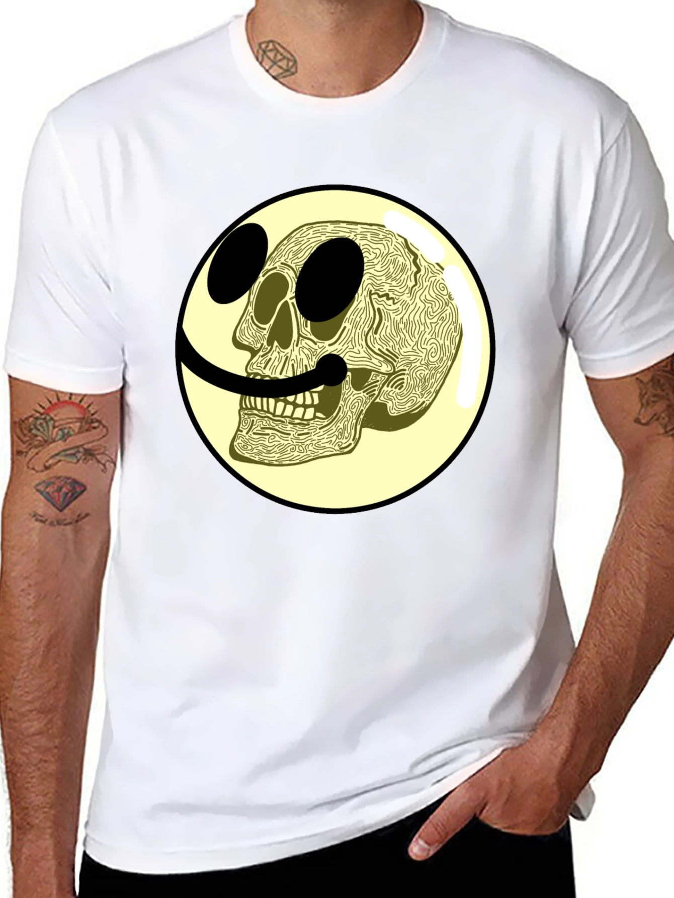 Black Skull Smiley Face Graphic Tee view 8