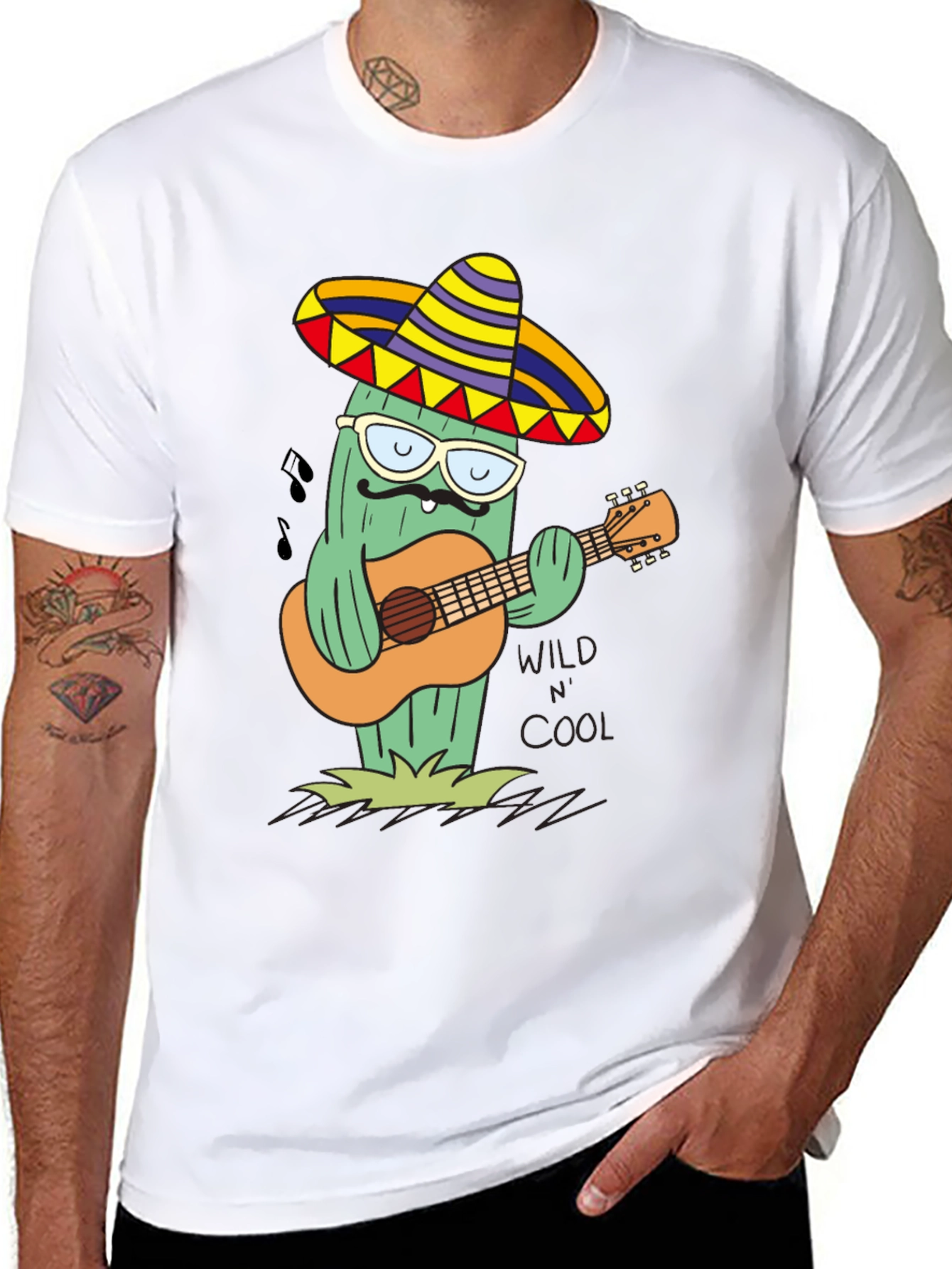 Black Cool Cactus Guitarist T-Shirt - Wild & Cool view 8